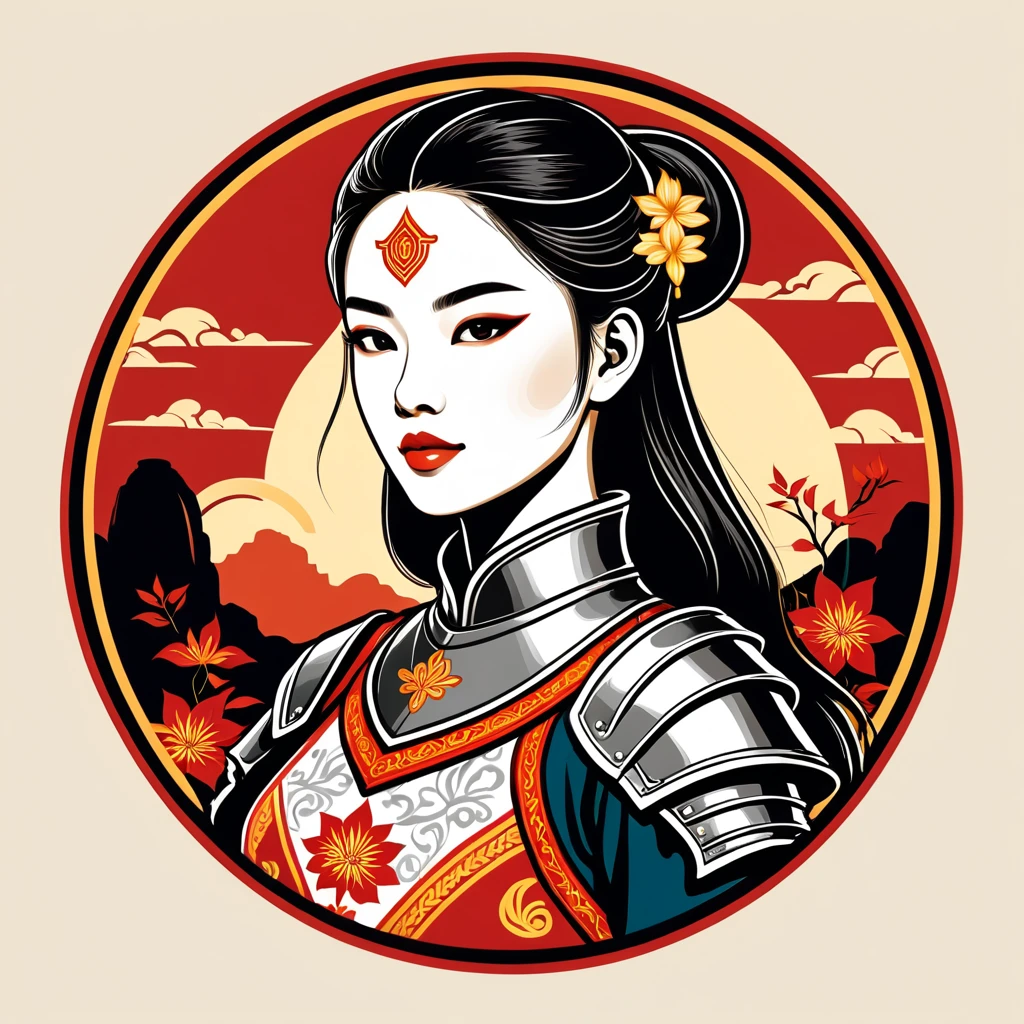 female knight in vietnamese folk outfit ,vector graphics, strong contours, logo design