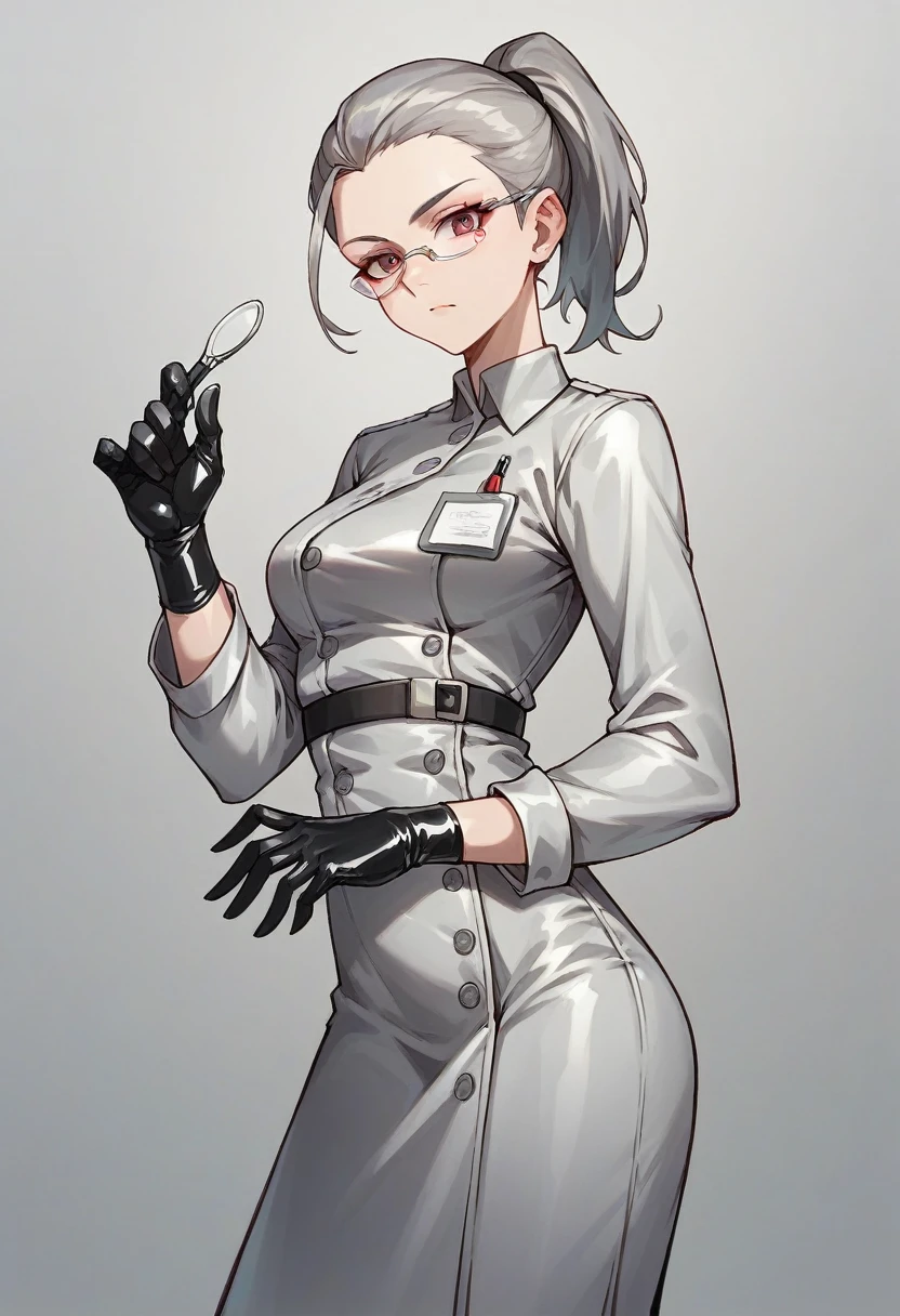 1girl, ponytail, ((black surgical gloves)), ((surgical gloves)), ((latex gloves)), ((((long sleeves)))), ((gray surgeon outfit)), looking at viewer, ((gray doctor outfit)), standing, solo