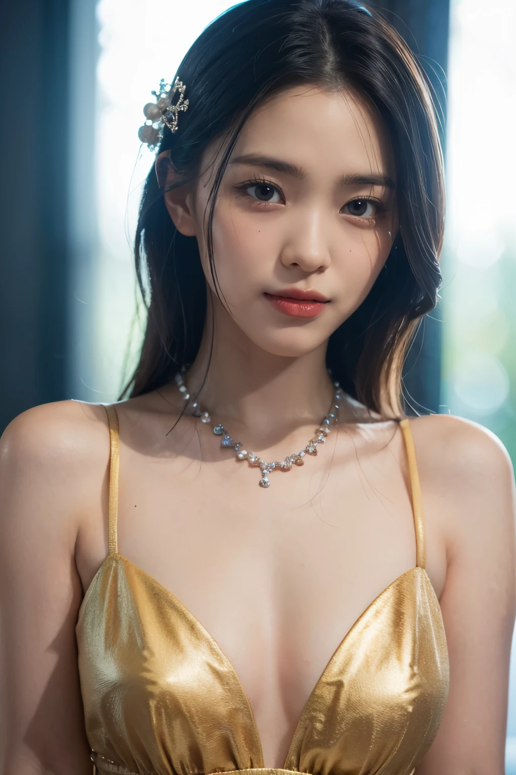 best quality, masterpiece, highres, 1girl,china dress,hair ornament,necklace, jewelry,Beautiful face,upon_body, tyndall effect,photorealistic, dark studio, rim lighting, two tone lighting,(high detailed skin:1.2), 8k uhd, dslr, soft lighting, high quality, volumetric lighting, candid, Photograph, high resolution, 4k, 8k, Bokeh,