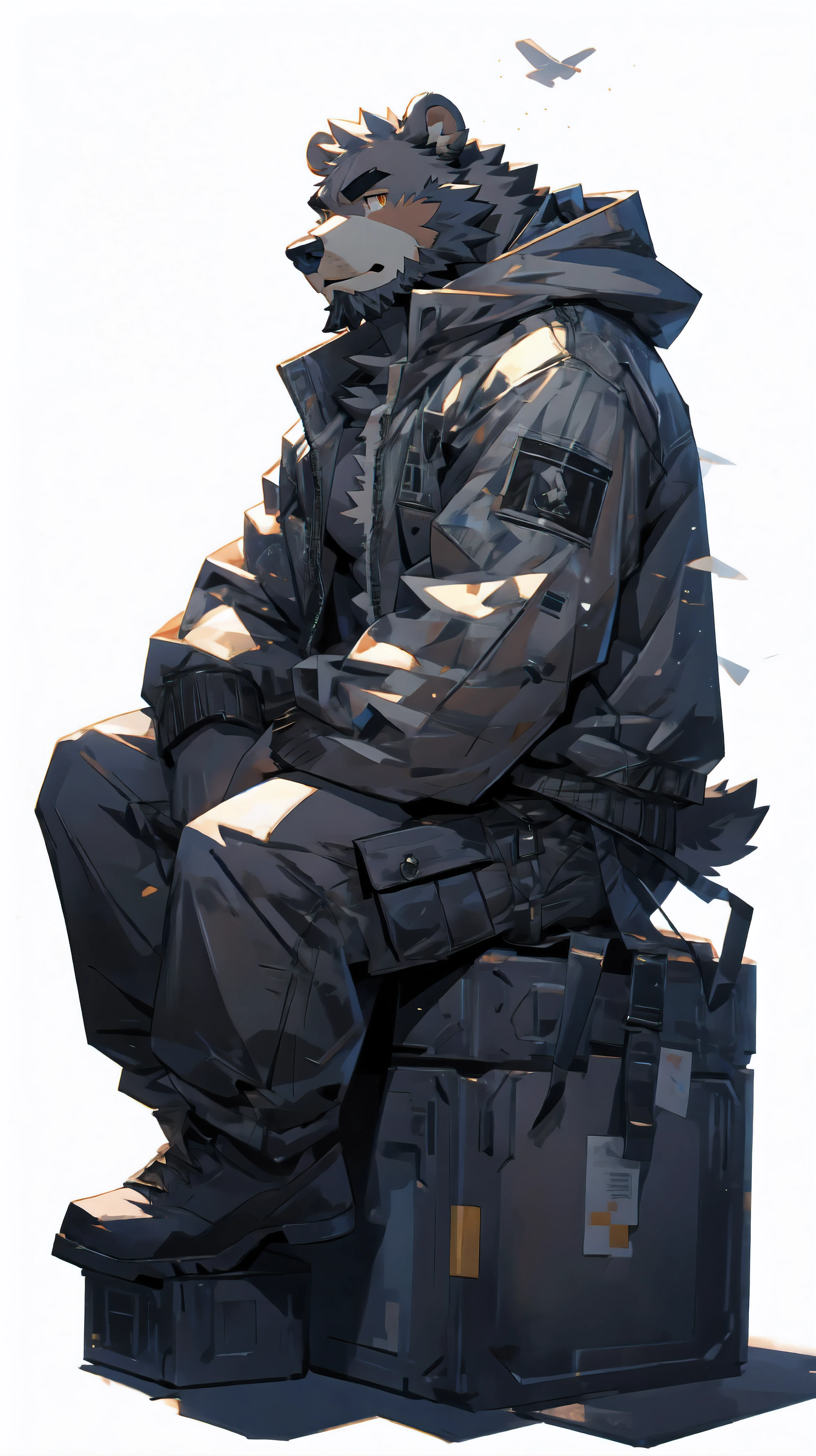 (masterpiece:1.2), best quality,pixiv,official art,perfect anatomy, (Ray tracing, light),solo, (1_male:1.3) , (muscle), (grey fur:1.4), (muscle bear), (beard:1.2), (gleaming golden eyes), bear tail, full body, Thick black eyebrows, (open short hoodie), (naked inside),cargo shorts, black short boots, (pure white background: 1.3), side view, sitting on tower, morden style