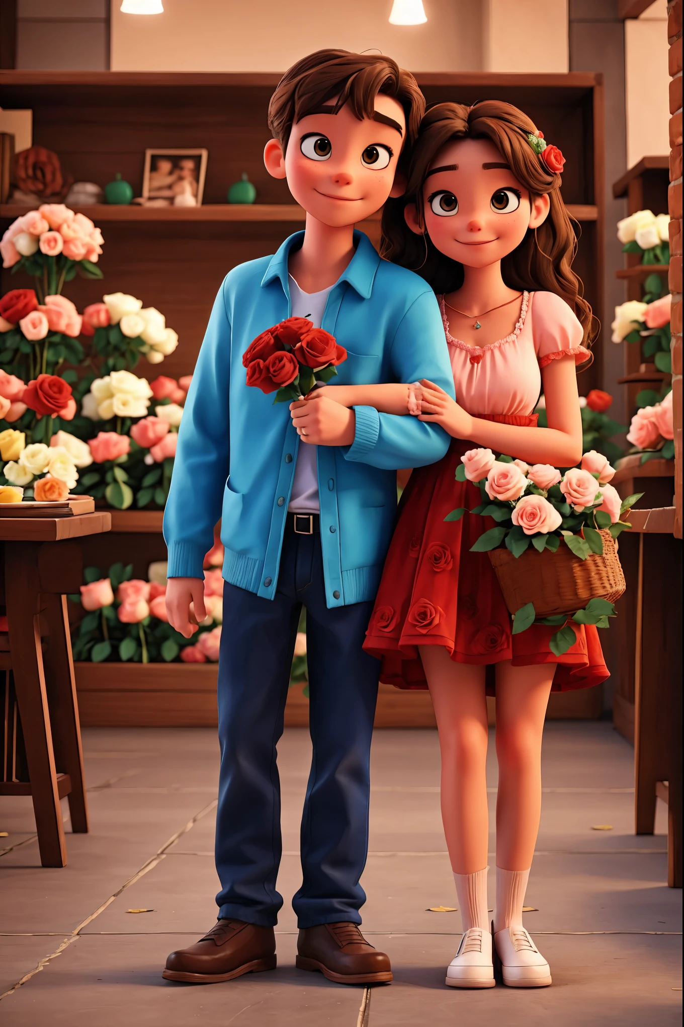 Image of a couple hugging while holding roses