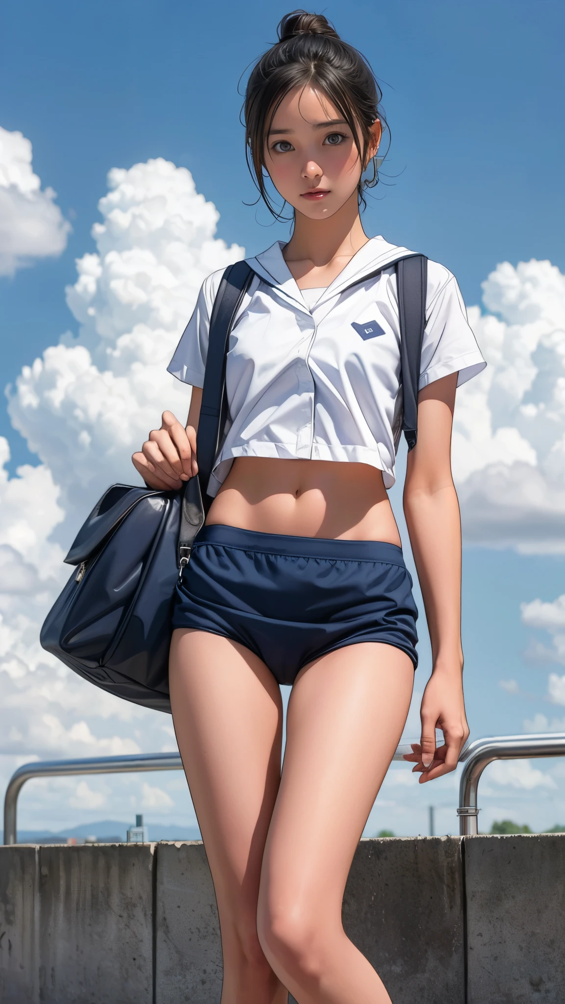 {3 | 2} Girl Standing In Schoolyard, Cumulonimbus clouds floating in the summer sky, Navy blue speedo swim briefs, On a white sailor shirt, school bag, , (Very slim:1.4), Thin thighs, knees, Brown eyes, Short hair tied low