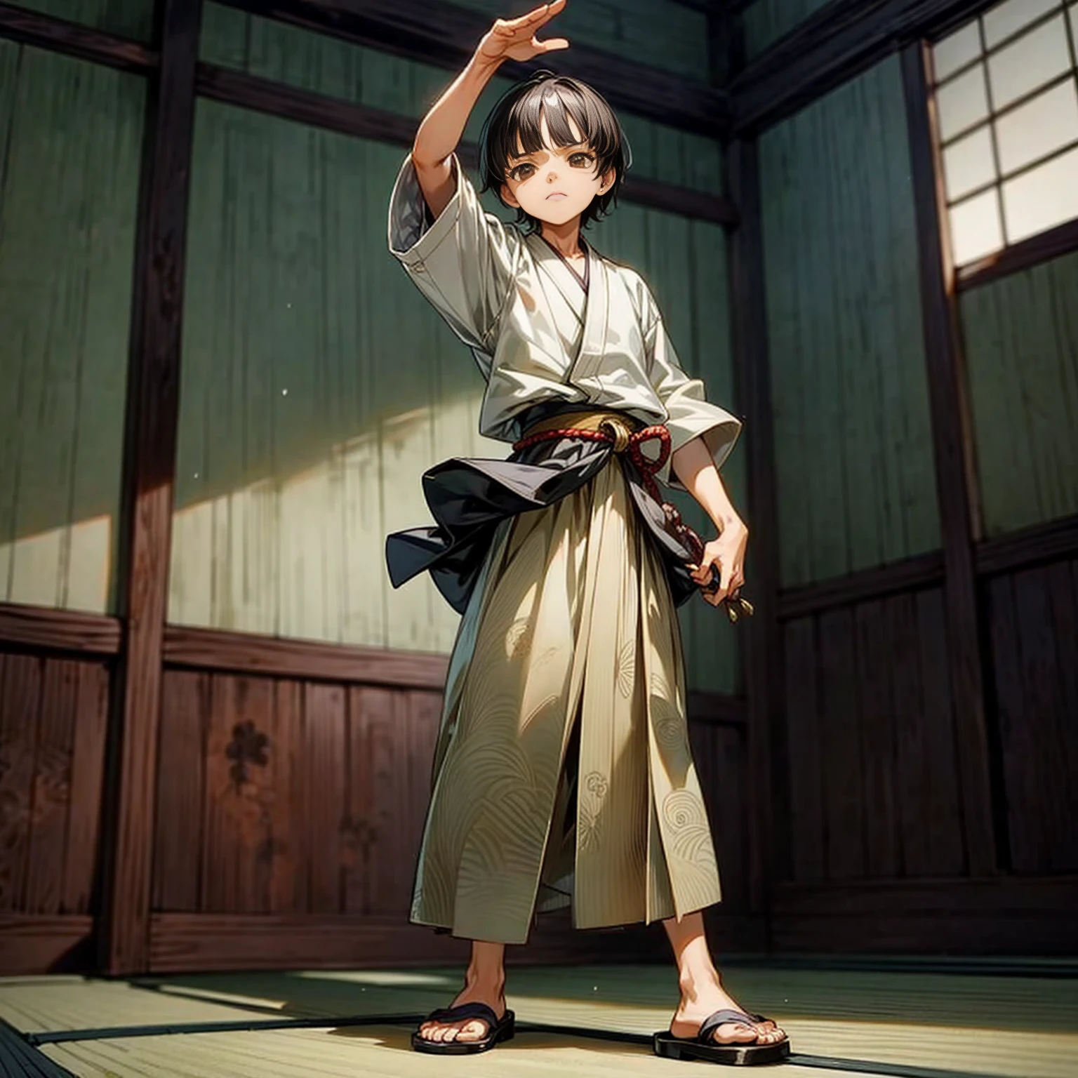 Solo,  boy, full body version, Grassroots, ultra detailed, motion blur, brown eyes, black hair, short haircut, ancient Japanese traditional clothing style, Sandals, full background indoor room town, (one piece style art), standing gesture 