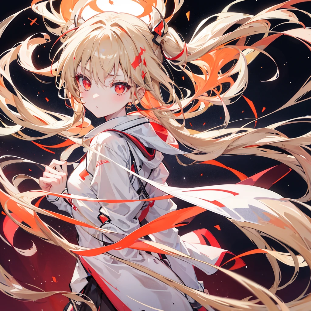 Japanese girl, messy blonde hair, blue colored eyes, red clip, outfit, high qualiy, face centered