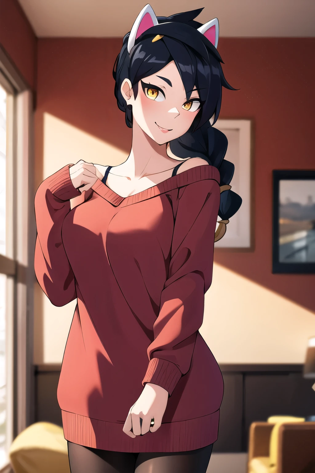 (masterpiece), (best quality), (beautiful eyes and face), (perfect female body), (shiny skin),
looking at viewer, cowboy shot,
1girl, solo, long braids, black spiked hair, long messy hair, glowing yellow eyes, cat woman,
Cute breasts,
white hairband, gold earrings, jewelry, sweater dress, red sweater, off shoulder, long sleeves, black pantyhose,
smile,
standing,
living room,