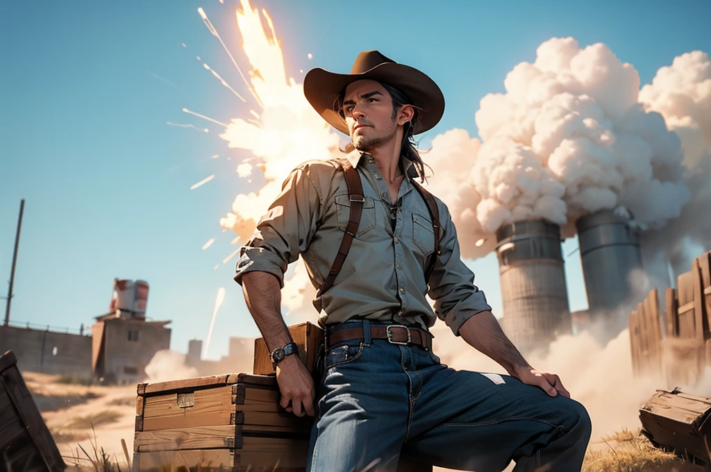 cowboy siting on a box of dynamite