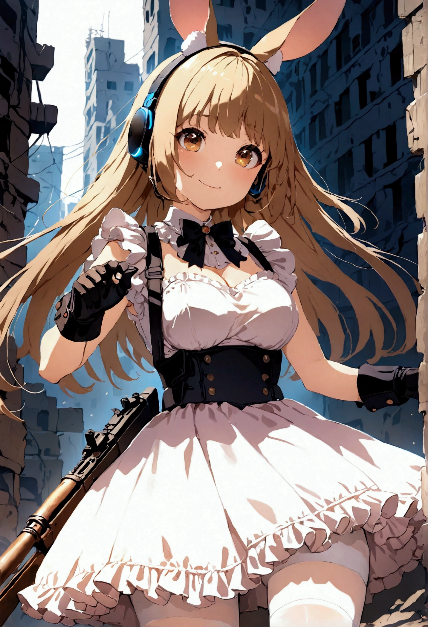 ((1girl)),  super fine illustration, vibrant colors, absurdres extremely detailed CG, 8k wallpaper, (masterpiece:1.3), dynamic angle, dynamic pose, 
best quality, depth of field, cinematic lighting, ultra detailed, ((brown long hair)), very straight hair, large breast, white knit dress , 20yo, cute, very baby face, brown eyes, kawaii, tender smile, droopy eyes, combat, sci-fi rabbit ear mechanical headset,  padded combat glove, pink maid uniform, white thighhighs pantyhose, aiming rifle, modern military heavy rifle:1.4, ruin city, Post-apocalypse