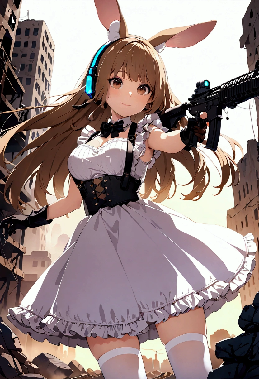 ((1girl)), super fine illustration, vibrant colors, absurdres extremely detailed CG, 8k wallpaper, (masterpiece:1.3), dynamic angle, dynamic pose,
best quality, depth of field, cinematic lighting, ultra detailed, ((brown long hair)), very straight hair, large breast, white knit dress , 20yo, cute, very baby face, brown eyes, kawaii, tender smile, droopy eyes, combat, sci-fi rabbit ear mechanical headset, padded combat glove, pink maid uniform, white thighhighs pantyhose, aiming rifle, modern military heavy rifle:1.4, ruin city, Post-apocalypse