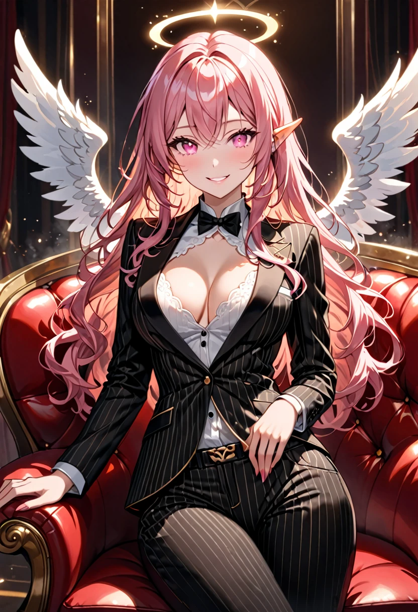 solo, very tall female, short pink hair, wavy hair, short pointed ears, glowing pink eyes, medium breasts, tall, black pinstripe male business suit, white shirt with top buttons undone, white wings, pinstripe suit, pinstripe pants, friendly smile, luxurious, red leather sofa chair, velvet, curvaceous, warm, close up, fur collar jacket:1.4, smoky atmosphere, glowing golden halo, angel girl, cleavage