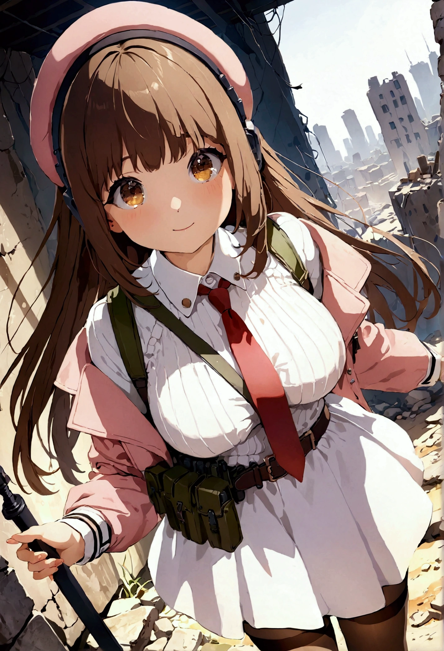 ((1girl)), super fine illustration, vibrant colors, absurdres extremely detailed CG, 8k wallpaper, (masterpiece:1.3), dynamic angle, dynamic pose,
best quality, depth of field, cinematic lighting, ultra detailed, (brown long hair), very straight hair, large breast, white knit dress , 20yo, cute, very baby face, brown eyes, kawaii, tender smile, droopy eyes, combat, beret, pink hat, Millitaly headset, red necktie, padded combat glove, pink military jacket, white thighhighs pantyhose, military belt, military pouch, modern military heavy rifle, ruin city, Post-apocalypse