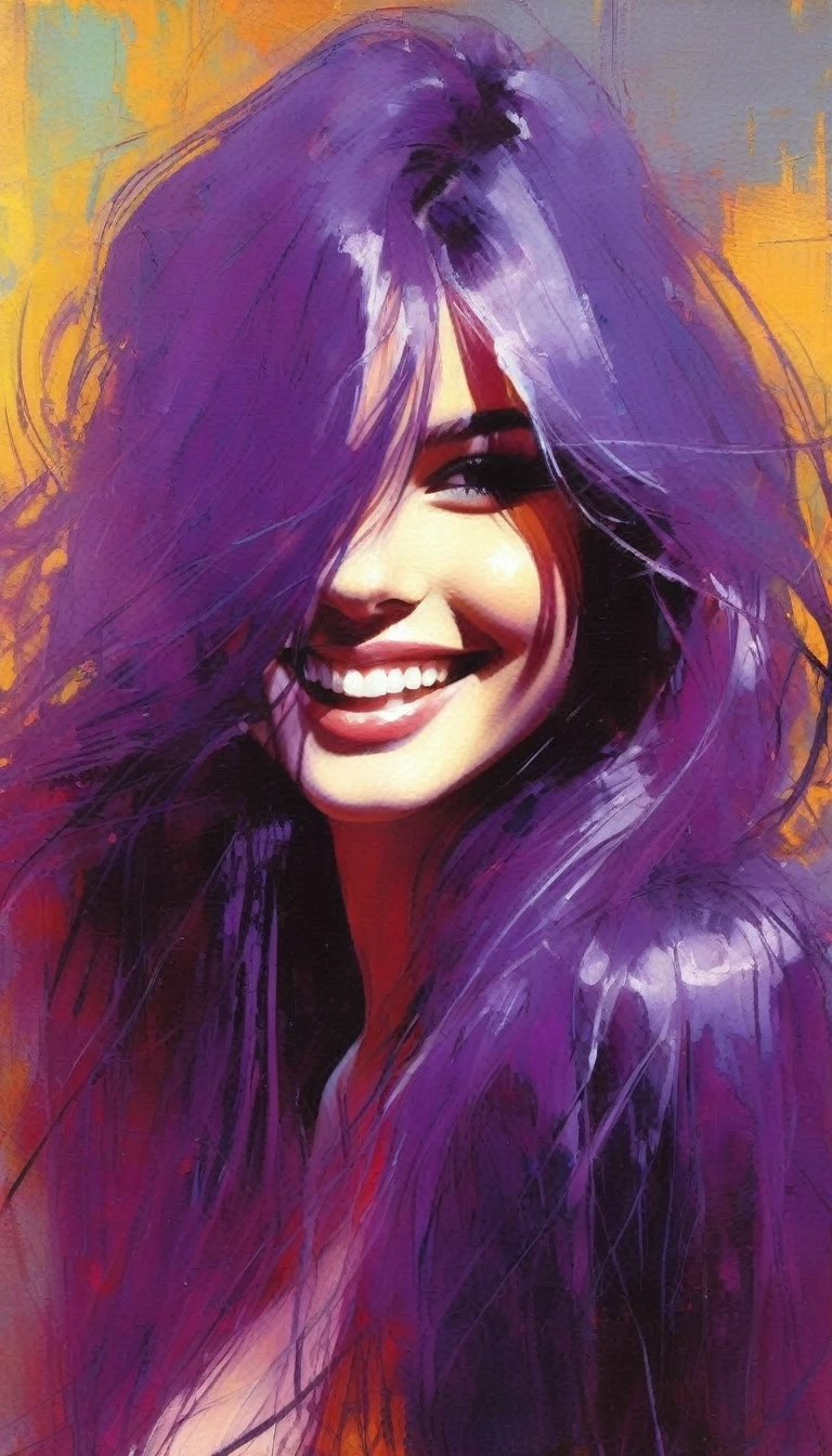 very sexy girl, naked, long purple hair, smiles, (art inspired by Bill Sienkiewicz). oil painting)
