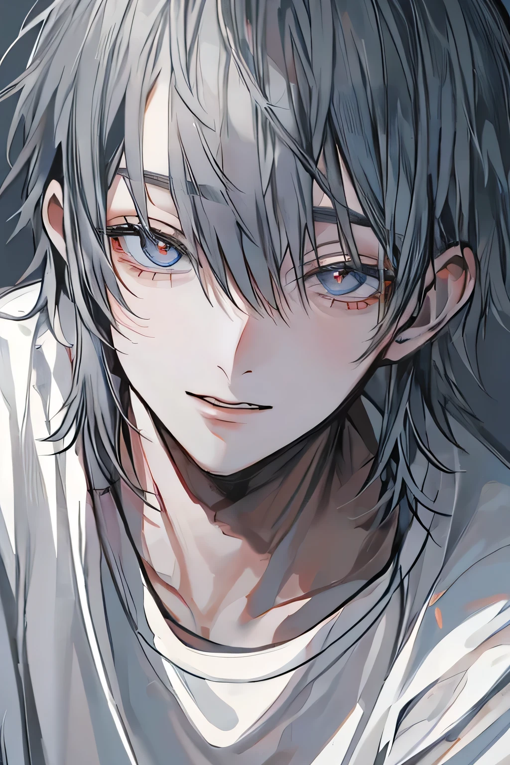 (masterpiece), (Highest quality), Very detailed, (, Perfect Face, Beautiful Face, Very detailedな顔,(Grey-haired man:1.3)、T-Shirts、smile