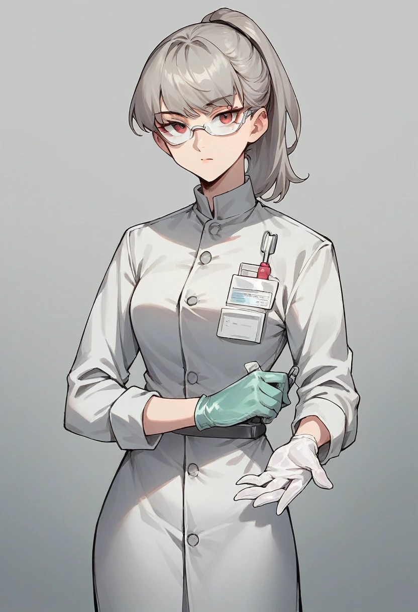 1girl, ponytail, bangs, ((white surgical gloves)), ((surgical gloves)), ((latex gloves)), ((((long sleeves)))), ((gray surgeon outfit)), looking at viewer, ((gray doctor outfit)), standing, solo