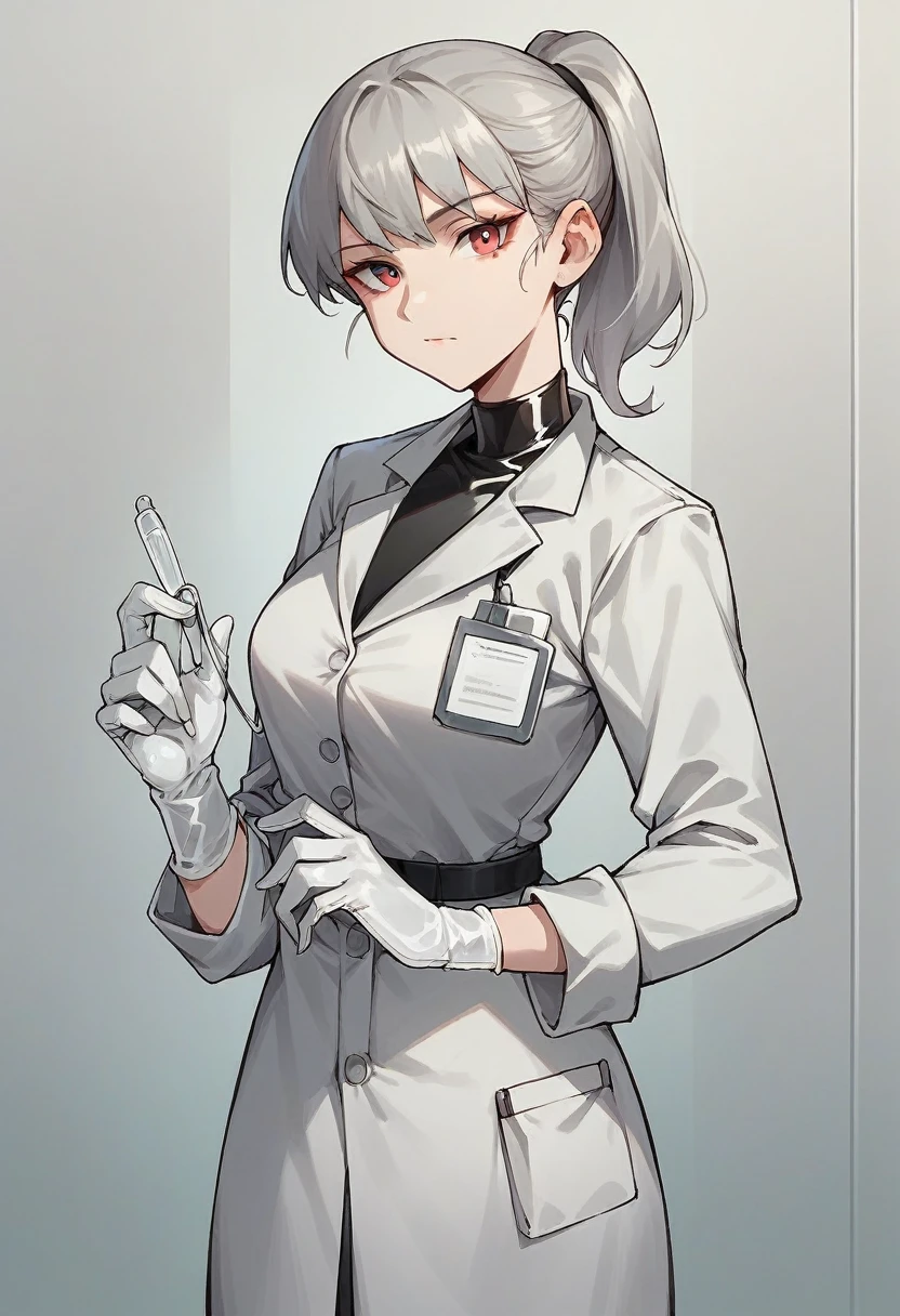 1girl, ponytail, bangs, ((white surgical gloves)), ((surgical gloves)), ((latex gloves)), ((((long sleeves)))), ((gray surgeon outfit)), looking at viewer, ((gray doctor outfit)), standing, solo