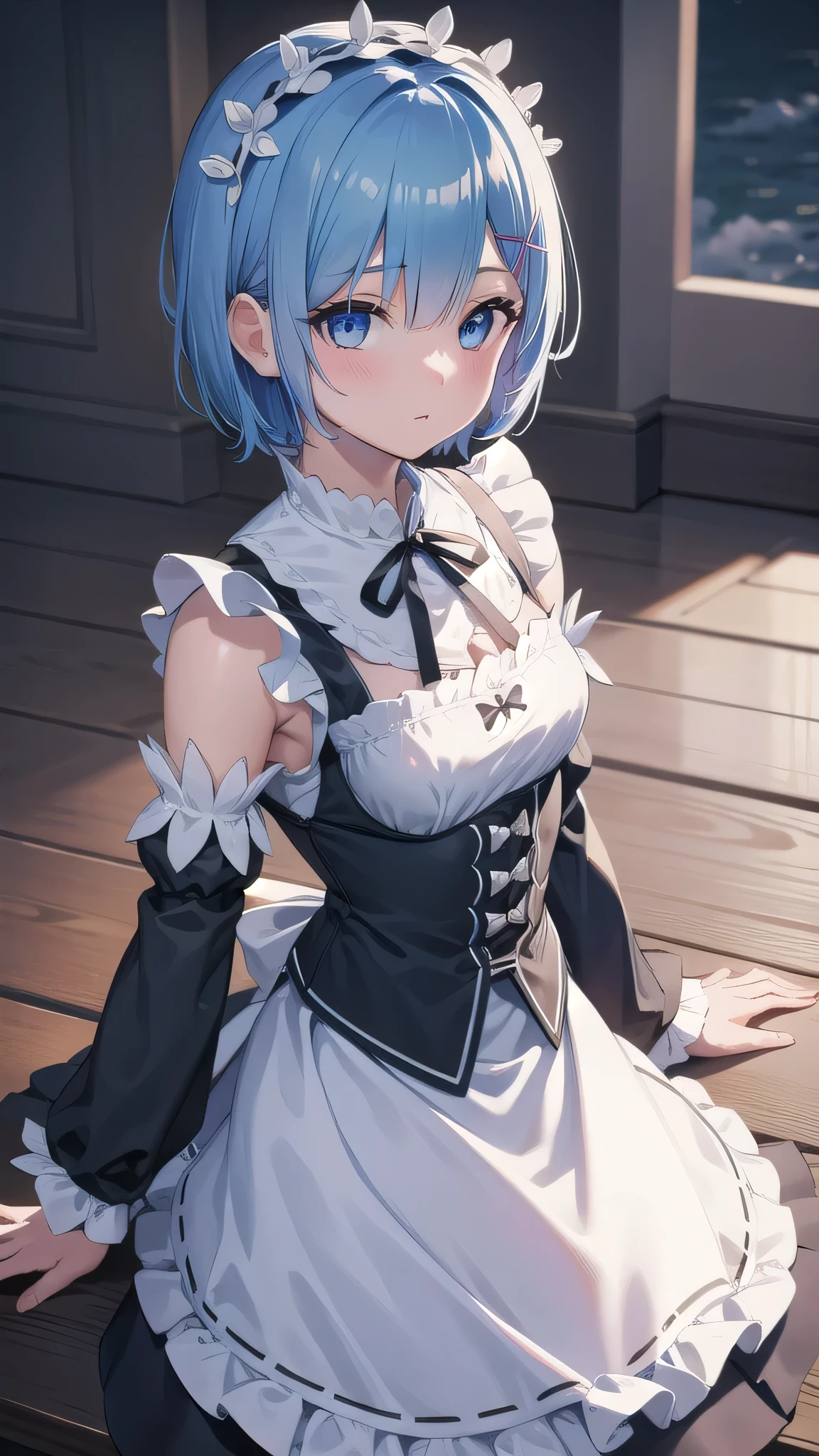 BREAK looking at viewer,BREAK (masterpiece:1.2), best quality, high resolution, unity 8k wallpaper, (illustration:0.8), (beautiful detailed eyes:1.6), extremely detailed face, perfect lighting, extremely detailed CG, (perfect hands, perfect anatomy),castle,tower,clouds,wet road,mist,rem, blue eyes, blue hair, hair ornament, hair over one eye, hair ribbon, short hair, x hair ornament
apron, black ribbon, black skirt, black sleeves, detached collar, detached sleeves, flower, frilled apron, frilled skirt, frills, head wreath, long sleeves, maid, miniskirt, neck ribbon, purple ribbon, ribbon, ribbon trim, ribbon-trimmed sleeves, roswaal mansion maid uniform, short hair, skirt, thighhighs, waist apron, white apron, white thighhighs,upper body, from above,blue hair.