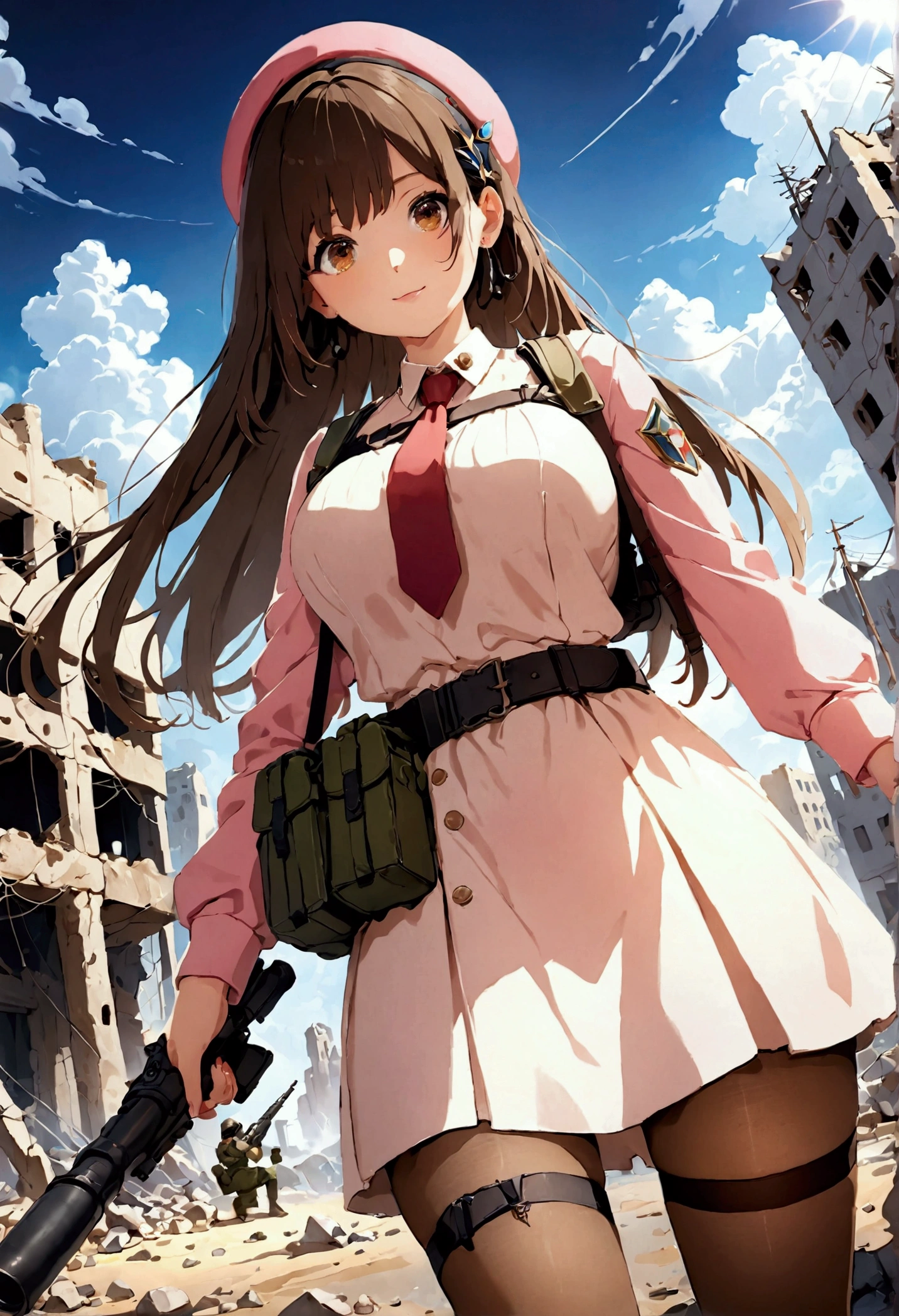 ((1girl)), super fine illustration, vibrant colors, absurdres extremely detailed CG, 8k wallpaper, (masterpiece:1.3), dynamic angle, dynamic pose,
best quality, depth of field, cinematic lighting, ultra detailed, (brown long hair), very straight hair, large breast, white knit dress , 20yo, cute, very baby face, brown eyes, kawaii, tender smile, droopy eyes, combat, beret, pink hat, Millitaly headset, red necktie, padded combat glove, pink military jacket, white thighhighs pantyhose, military belt, military pouch, modern rocket launcher, ruin city, Post-apocalypse
