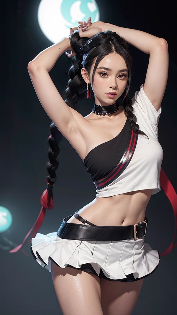 Woman in the disco, one shoulder top(left black, right red)(belly free), black hair(high ponytail, braided long plait), white mini skirt(lifts around the hip)

arms over the head, giving one leg, dancing

full body shot, frog perspective
