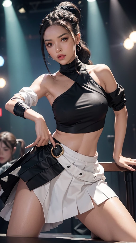 Woman in the disco, one shoulder top(left black, right red)(belly free), black hair(high ponytail, braided long plait), white mini skirt(lifts around the hip)

arms over the head, giving one leg, dancing

full body shot, frog perspective