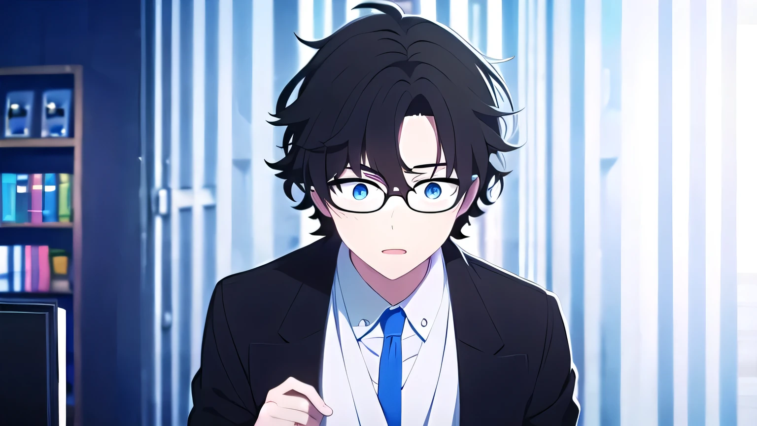 8k, highres, awkward, solo, 1boy, man, male, afro hair, short hair, wavy hair, messy hair, black hair, blue eyes, glasses, 1man, 1boy, white trench coat, black suit, in the lab, theme black,upper body, masterpiece,