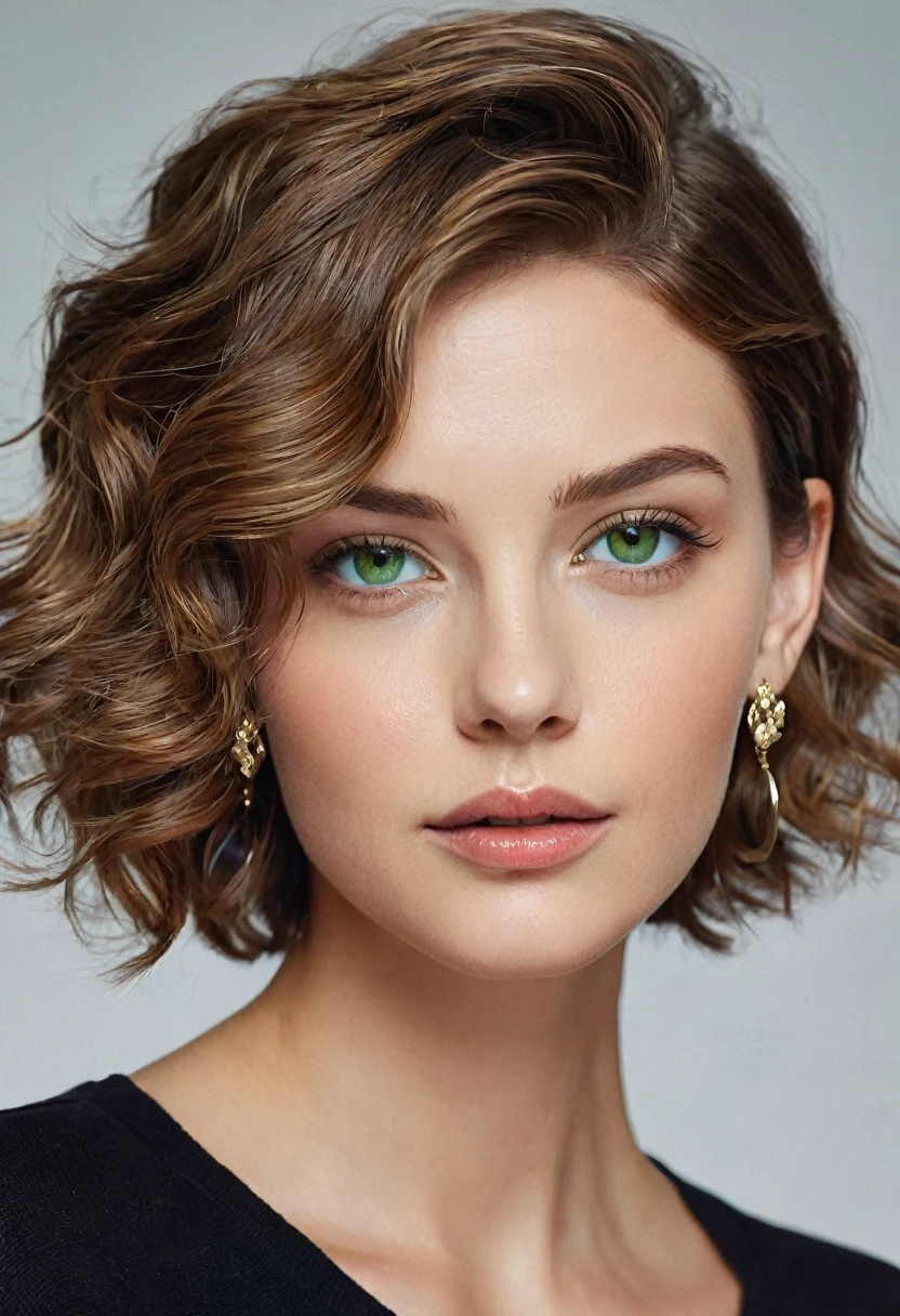 1girl, short Hair, Wavy Hair, Light Brown Hair, Brown Hair, Earrings, Parted Lips, Makeup, Green eyes, Realism, Anatomically Correct, High Resolution, trendy and classic fashion, Shiny Hair, smal face
