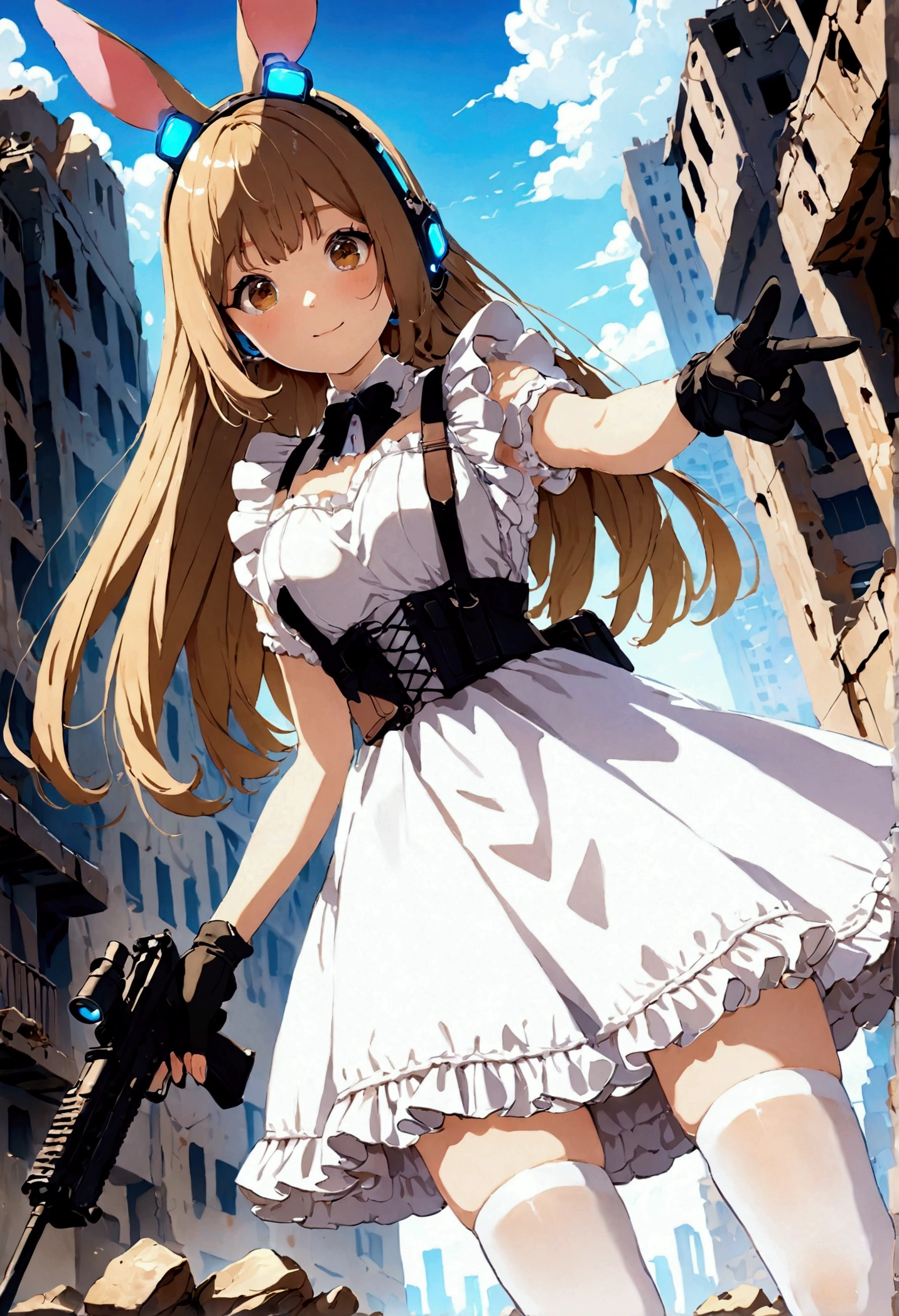 ((1girl)), super fine illustration, vibrant colors, absurdres extremely detailed CG, 8k wallpaper, (masterpiece:1.3), dynamic angle, dynamic pose,
best quality, depth of field, cinematic lighting, ultra detailed, ((brown long hair)), very straight hair, large breast, white knit dress , 20yo, cute, very baby face, brown eyes, kawaii, tender smile, droopy eyes, combat, sci-fi rabbit ear mechanical headset, padded combat glove, pink maid uniform, white thighhighs pantyhose, aiming rifle, modern military heavy rifle:1.4, ruin city, Post-apocalypse