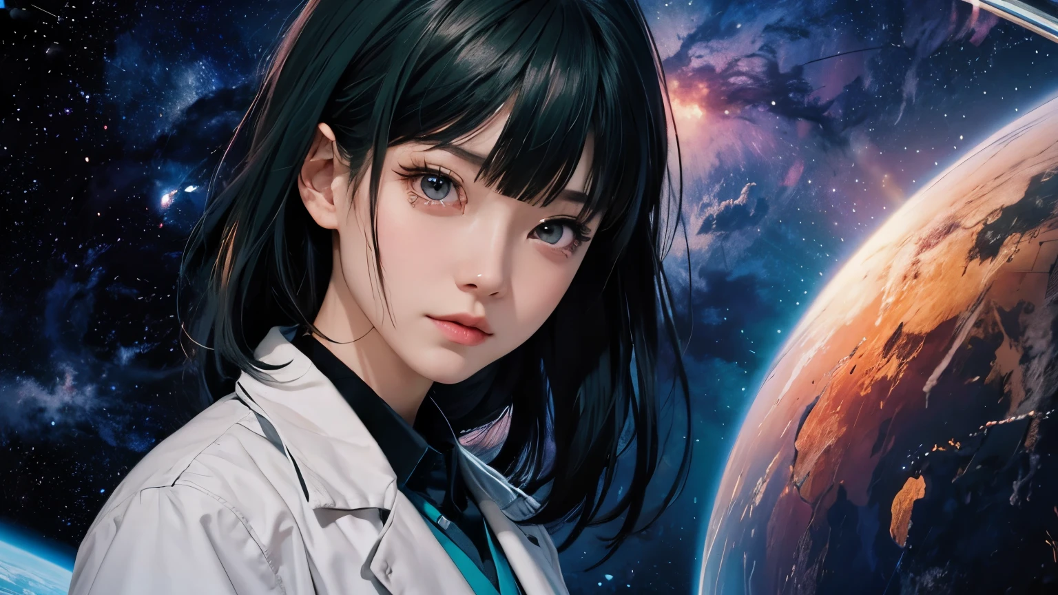 An anime girl wearing a white coat、Staring into the camera with planets in the background, Portrait Anime Astronaut Girl, Official artwork, girl in space, Detailed digital anime art, Anime girl with space-like hair, Artgerm JSC, Girls Frontline Universe, Digital anime illustration, Anime Style 4k, Anime style portrait, high detailed Official artwork, Sci-fi anime