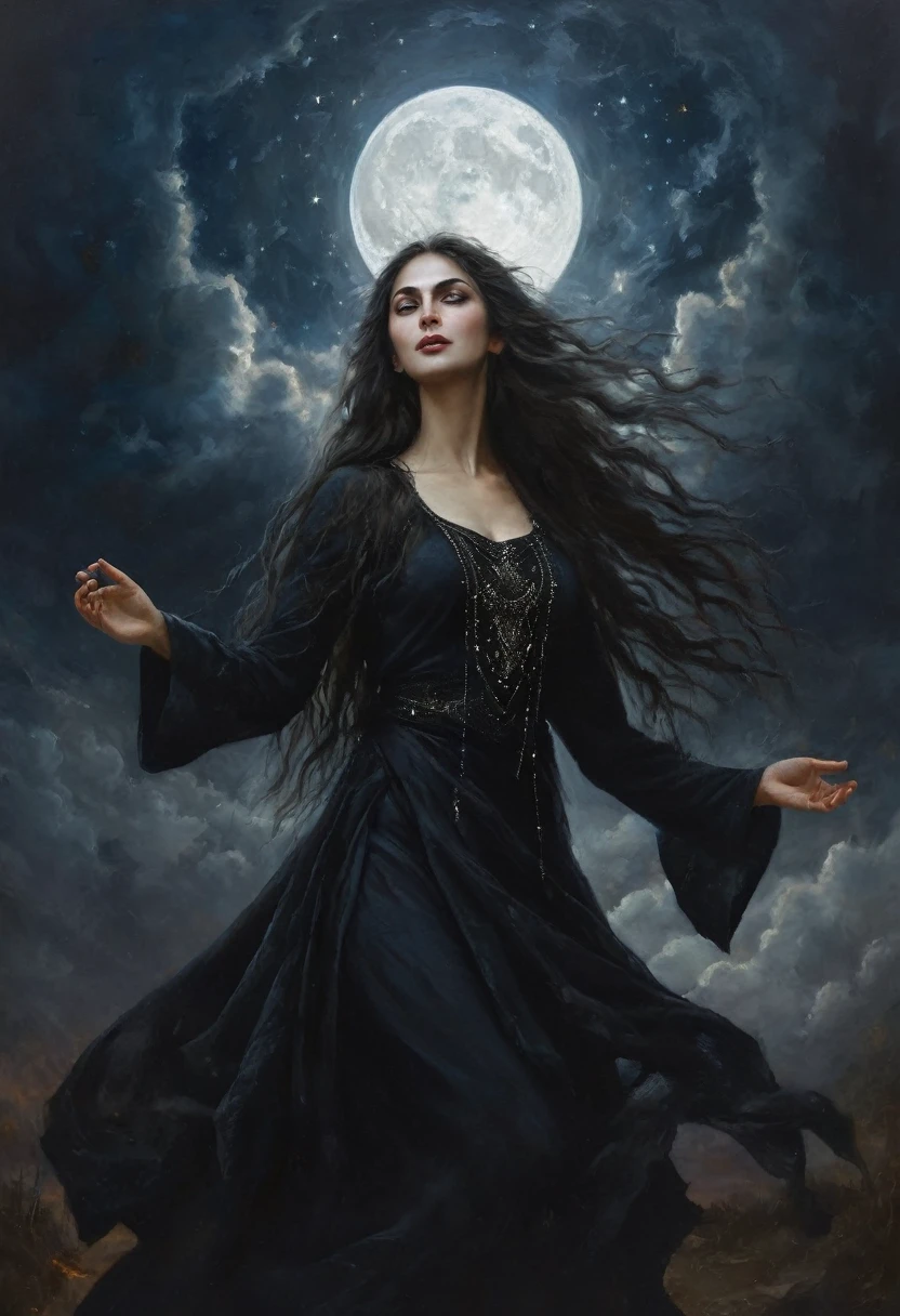 painting of a slender beautiful Slavic woman, in full growth, in black clothes, with long hair, dancing against the background of the horned moon, six arms, the goddess Kali, starry sky, dark heavy clouds, soft lighting, dark atmosphere, cinematic scene, volumetric lights, ultra realistic, in the style of nicola samori