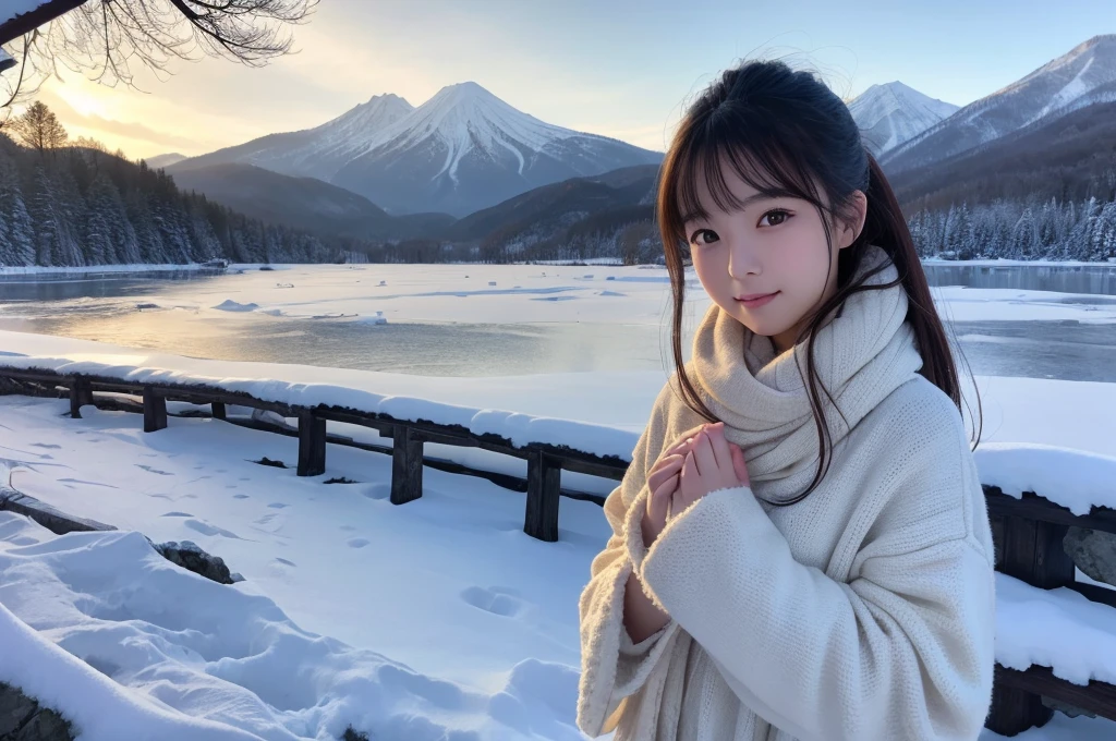Highest quality、masterpiece、Highest detail、Japan Idol Beautiful Girl、Winter Fashion、meditation、Winter landscape with snow、((A beautiful girl on the left))