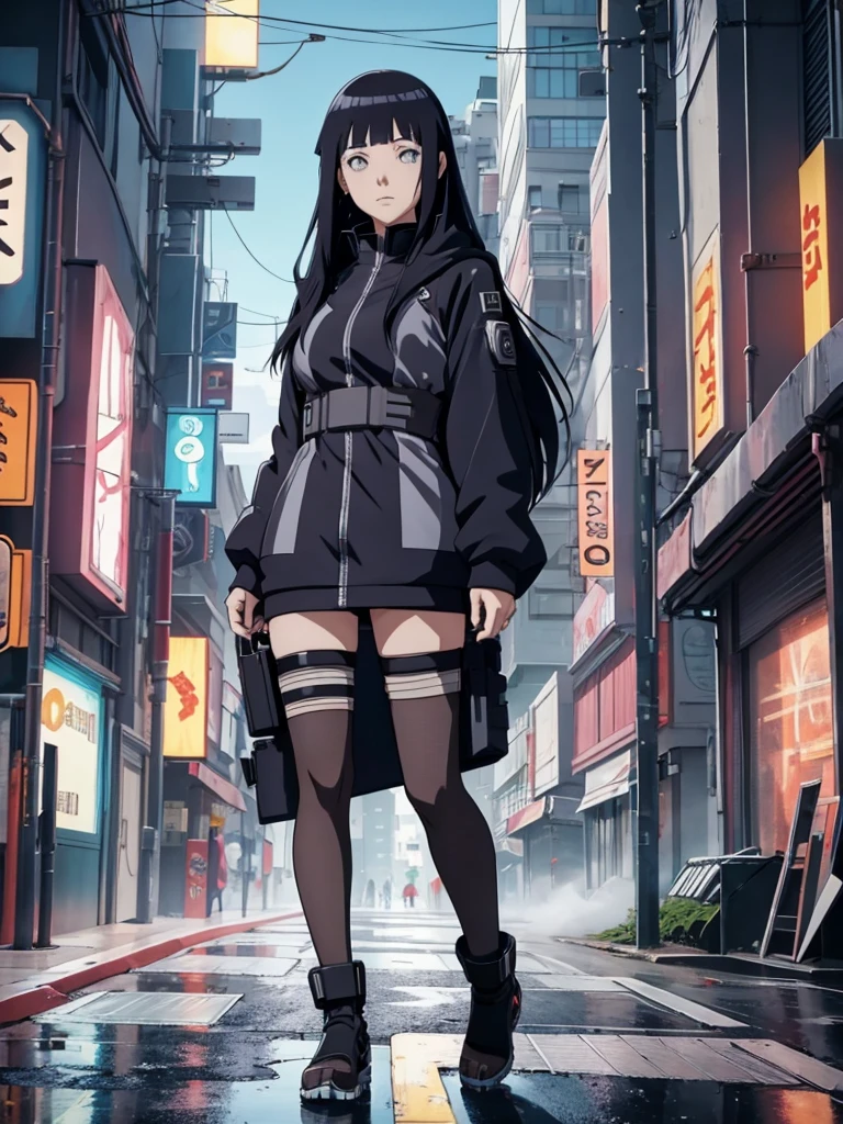 Hinata, 1girl, wearing a futuristic cyberpunk outfit, at a future city, black colour hair, 8k, high detailed, high quality, full body