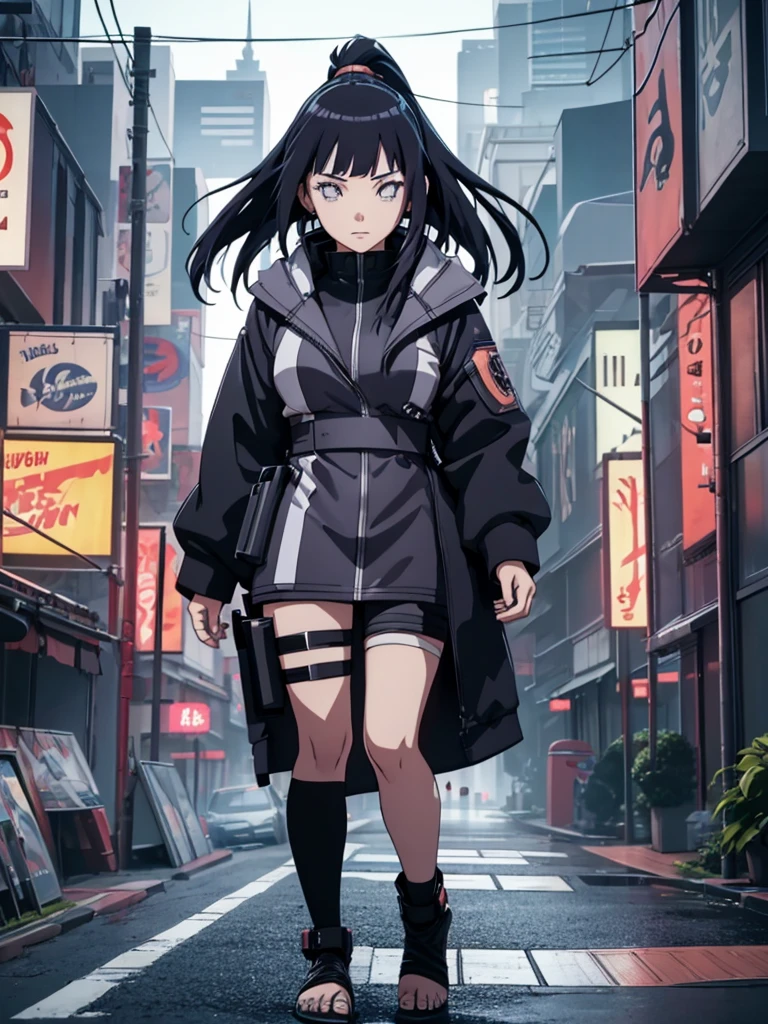 Hinata, 1girl, wearing a futuristic cyberpunk outfit, at a future city, black colour hair, 8k, high detailed, high quality, full body