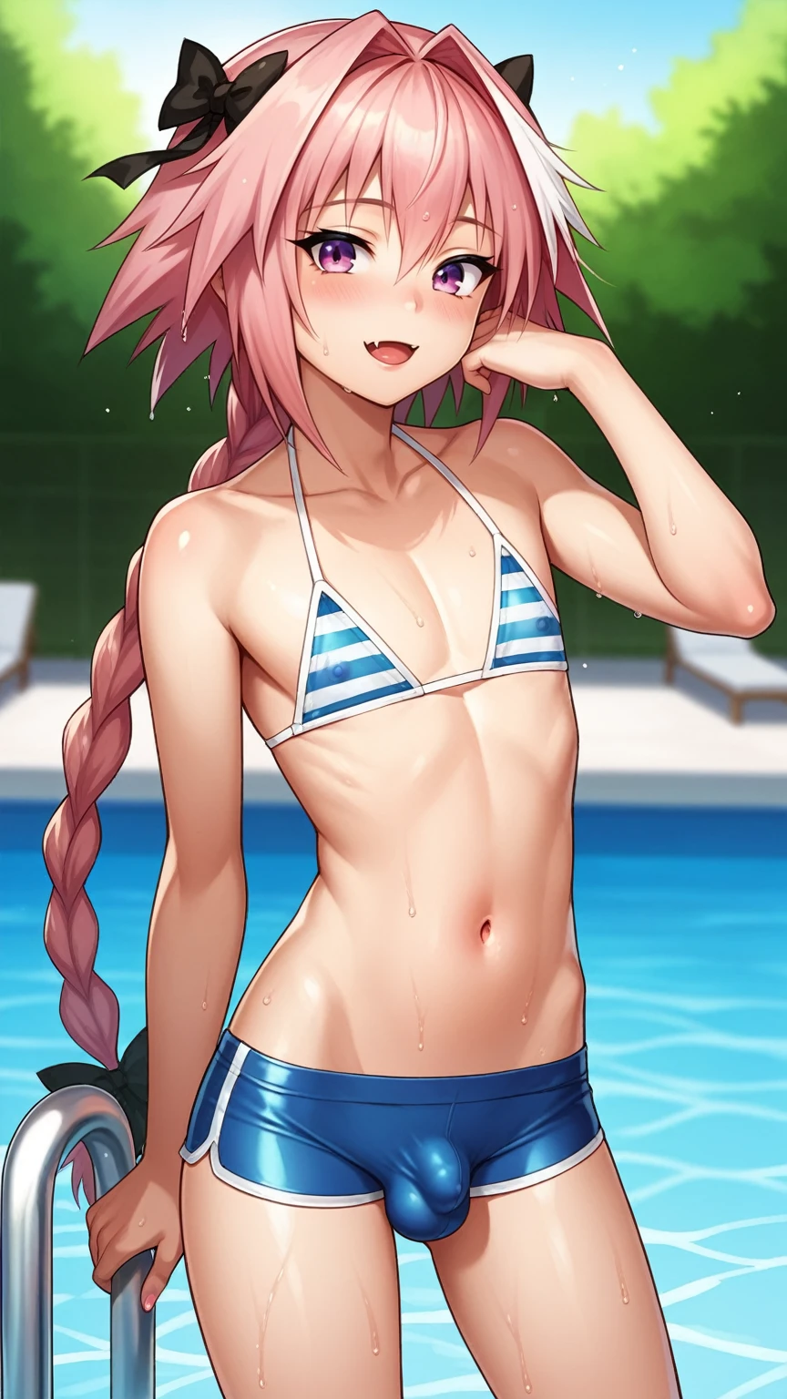 score_9, score_8_up, score_7_up, source_anime, 1boy, solo, bulge, femboy, astolfo, fate, small erection bulge, front view, shota, teen, young, very young, presenting, ((shota)), (view from front), grinning, feminine, girly hips, slender waist, long ponytail, small penis, small balls, midriff, bikini top, soft and feminine body, smooth flat chest, slender, cute, hourglass figure, otoko no ko, girly, feminine, pool, wet, young,