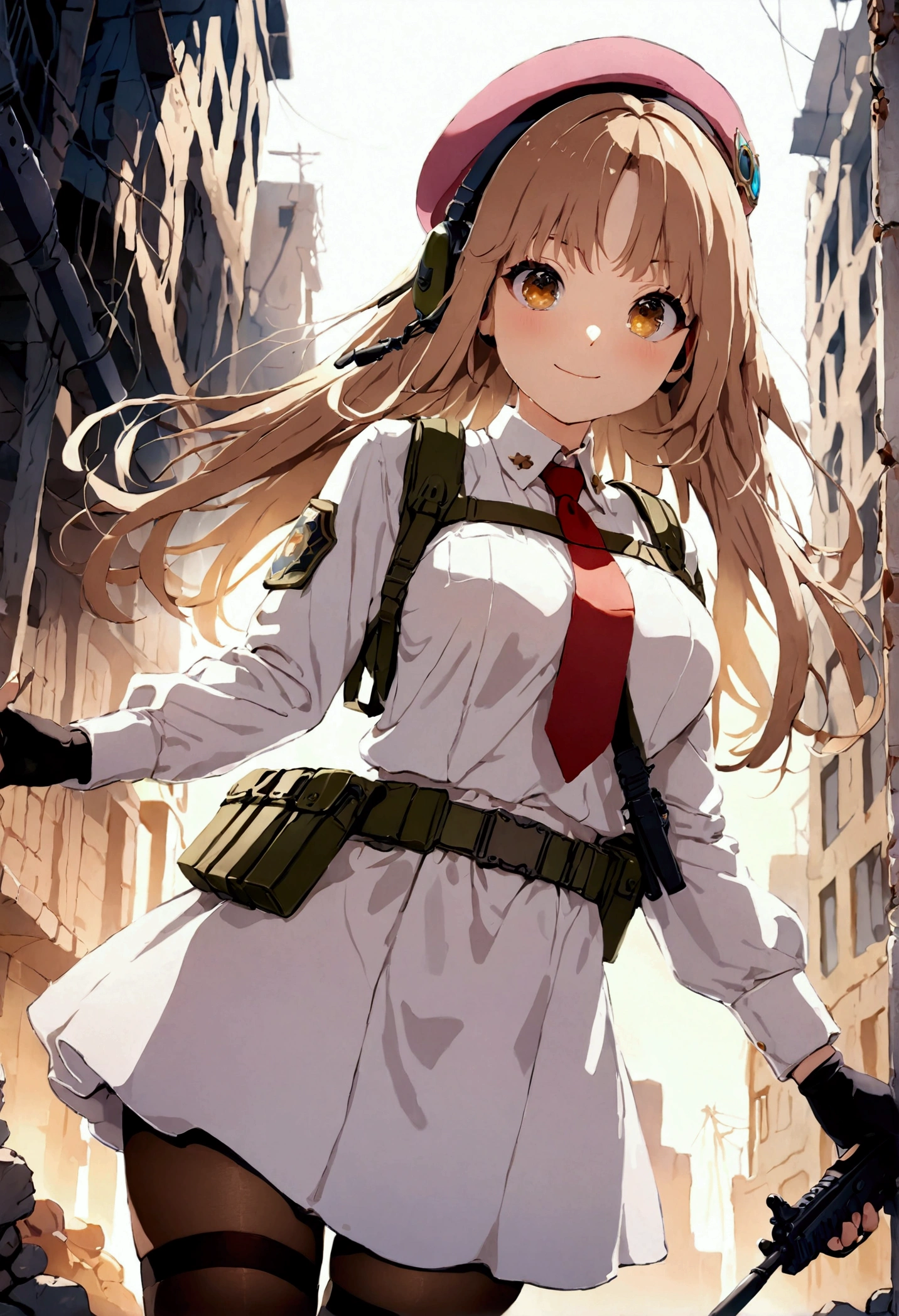 ((1girl)), super fine illustration, vibrant colors, absurdres extremely detailed CG, 8k wallpaper, (masterpiece:1.3), dynamic angle, dynamic pose,
best quality, depth of field, cinematic lighting, ultra detailed, (brown long hair), very straight hair, large breast, white knit dress , 20yo, cute, very , brown eyes, kawaii, tender smile, droopy eyes, combat, beret, pink hat, Millitaly headset, red necktie, padded combat glove, pink military jacket, white thighhighs pantyhose, military belt, military pouch, modern military heavy rifle:1.5, ruin city, Post-apocalypse