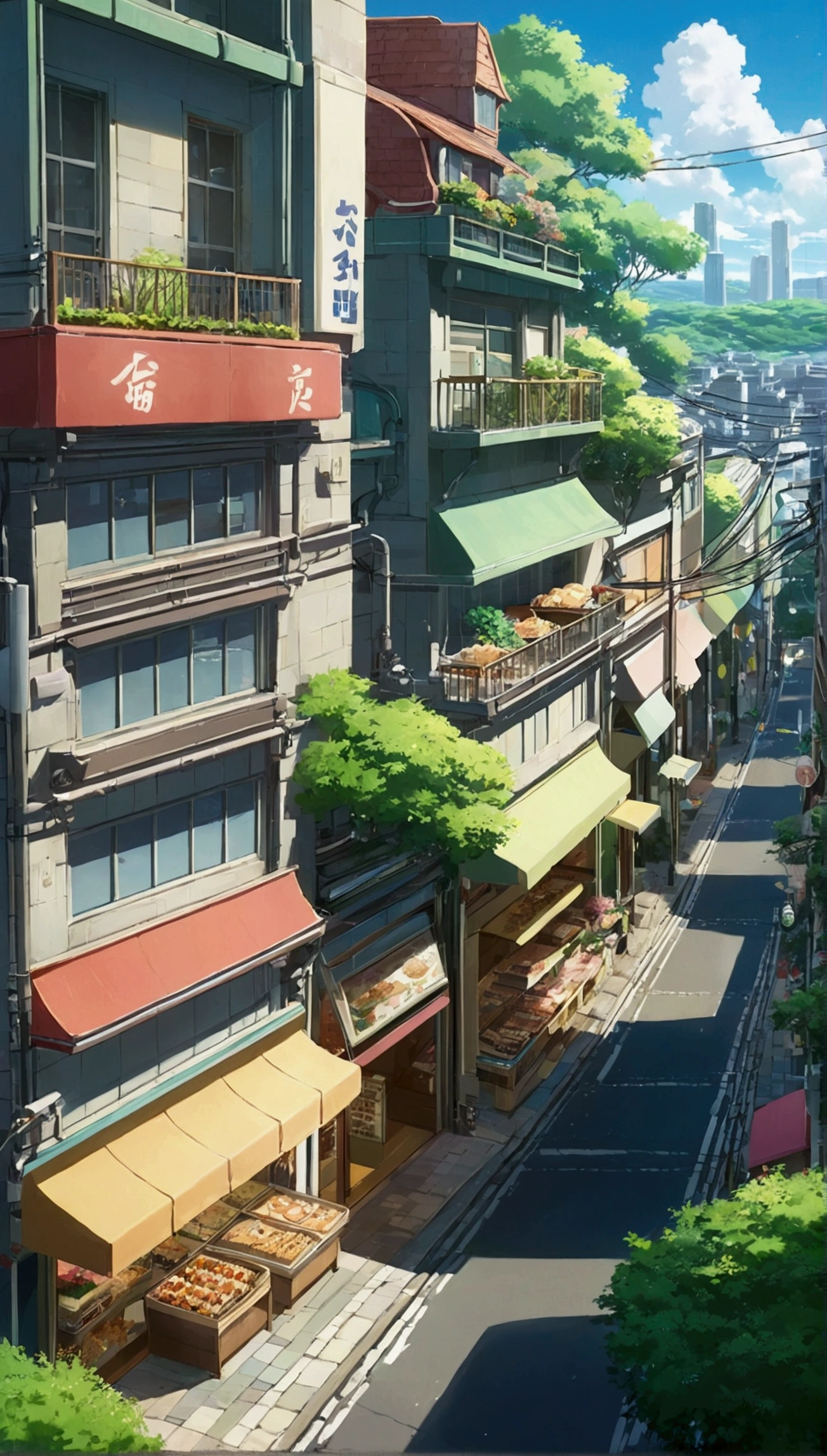 Anime - City look from above scene, anime background art, detailed scenery - width 672, anime landscape concept art, anime style cityscape, Studio Ghibli anime style, Studio Ghibli art style, Studio Ghibli program, anime landscape, Studio Ghibli art style, Landscape artwork, Beautiful anime landscape, Forest city street, Ghibli art style, cake shop, cake shop, bakery cake shop, Makoto Shinkai style, Makoto Shinkai anime, Shinkai Makoto art style