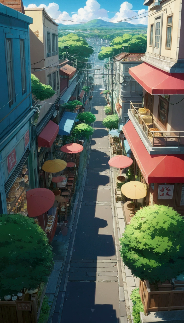 Anime - City look from above scene, anime background art, detailed scenery - width 672, anime landscape concept art, anime style cityscape, Studio Ghibli anime style, Studio Ghibli art style, Studio Ghibli program, anime landscape, Studio Ghibli art style, Landscape artwork, Beautiful anime landscape, Forest city street, Ghibli art style, cake shop, cake shop, bakery cake shop, Makoto Shinkai style, Makoto Shinkai anime, Shinkai Makoto art style