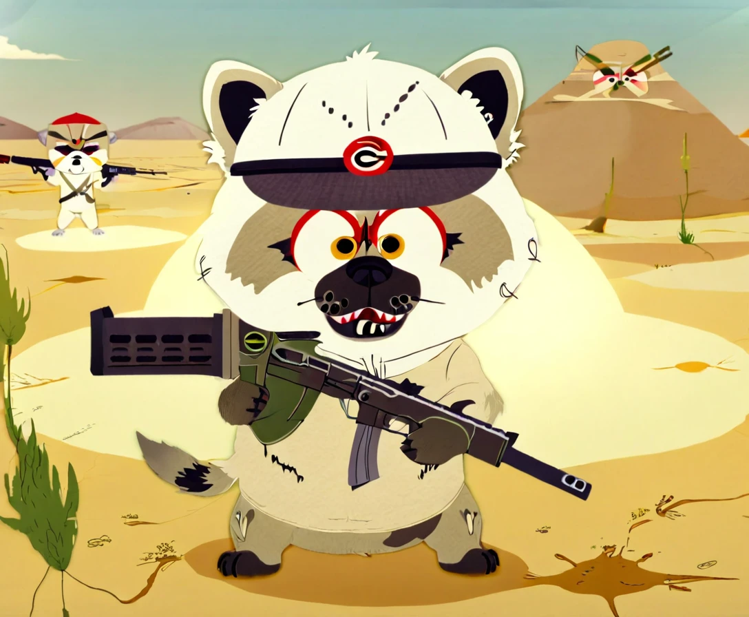 White Tanuki Hyena, Circle Eye, Red Pupil, Pug Mouth, Black Cotton Cap, Evil Angry and Frown, holding Uzi Machinegun, Desert 