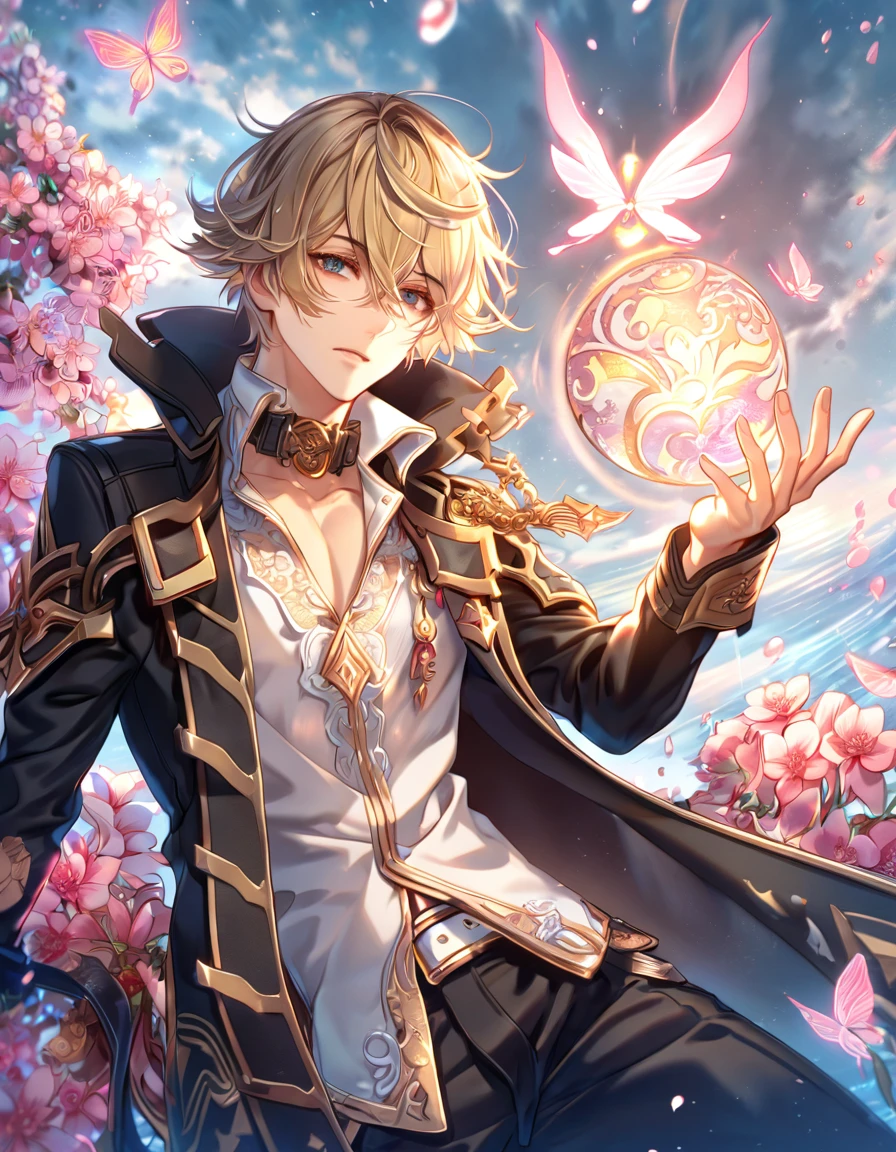 absurdres, highres, ultra detailed, HDR, master piece, best quality, extremely detailed face, delicated features, Julius Visconti, ash-blonde messy hair, short hair, hair that has bangs hanging on the left side, hair between the eyes, God Eater 2, solo, sexy man, handsome, a black collar with gold buckle, black coat, with gold accents, white shirt, white belt, black pants, water, blossoms, pink flowers, pink butterflies, fantasy, magic, radiant