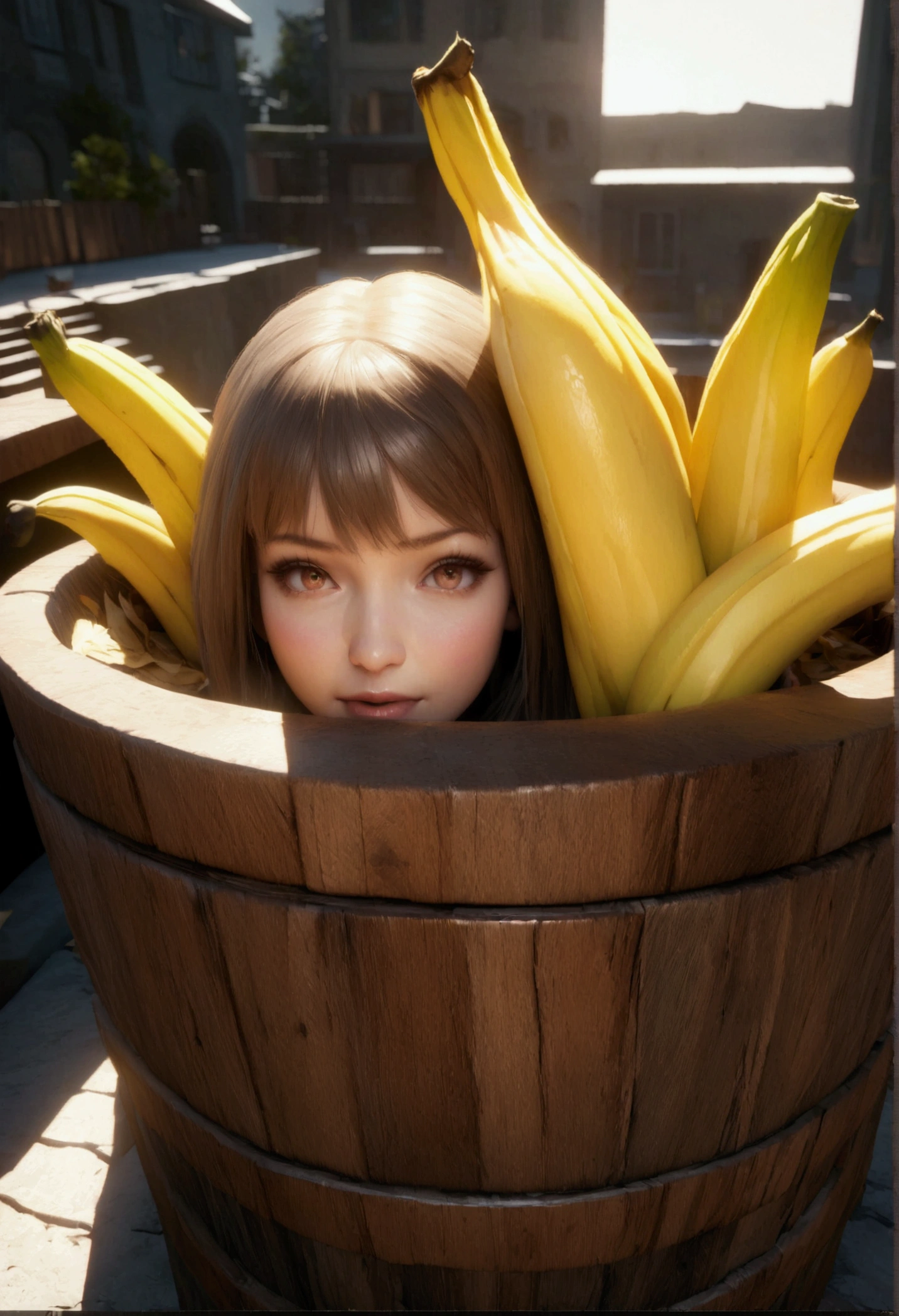 A stunning, hyper-realistic illustration of a woman reacting with shock as she places a banana peel into a dustbin. The composition captures her half-body and facial expression in extreme close-up, using a fish-eye lens to emphasize the intricacy of her emotions. The background is a blend of digital painting and 3D rendering, featuring an urban landscape with dramatic lighting and volumetric effects. The image showcases a wide array of technical advancements, such as unreal engine, DOF, super-resolution, anti-aliasing methods, and tone mapping, resulting in ultra-photorealistic, ultra-detailed, and intricately rendered visuals.
