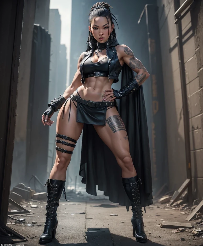 She has a punk rock look and brunette dreadlocks hair...Hyper-realistic close-up photo of Asa Akira,Black eyes, masterpiece, Best quality, (Photorealistic: 1.4).