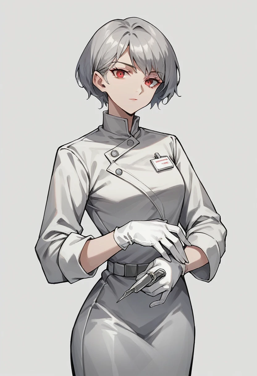 1girl, square haircut, bangs, ((white surgical gloves)), ((surgical gloves)), ((latex gloves)), ((((long sleeves)))), ((gray surgeon outfit)), looking at viewer, ((gray doctor outfit)), standing, solo