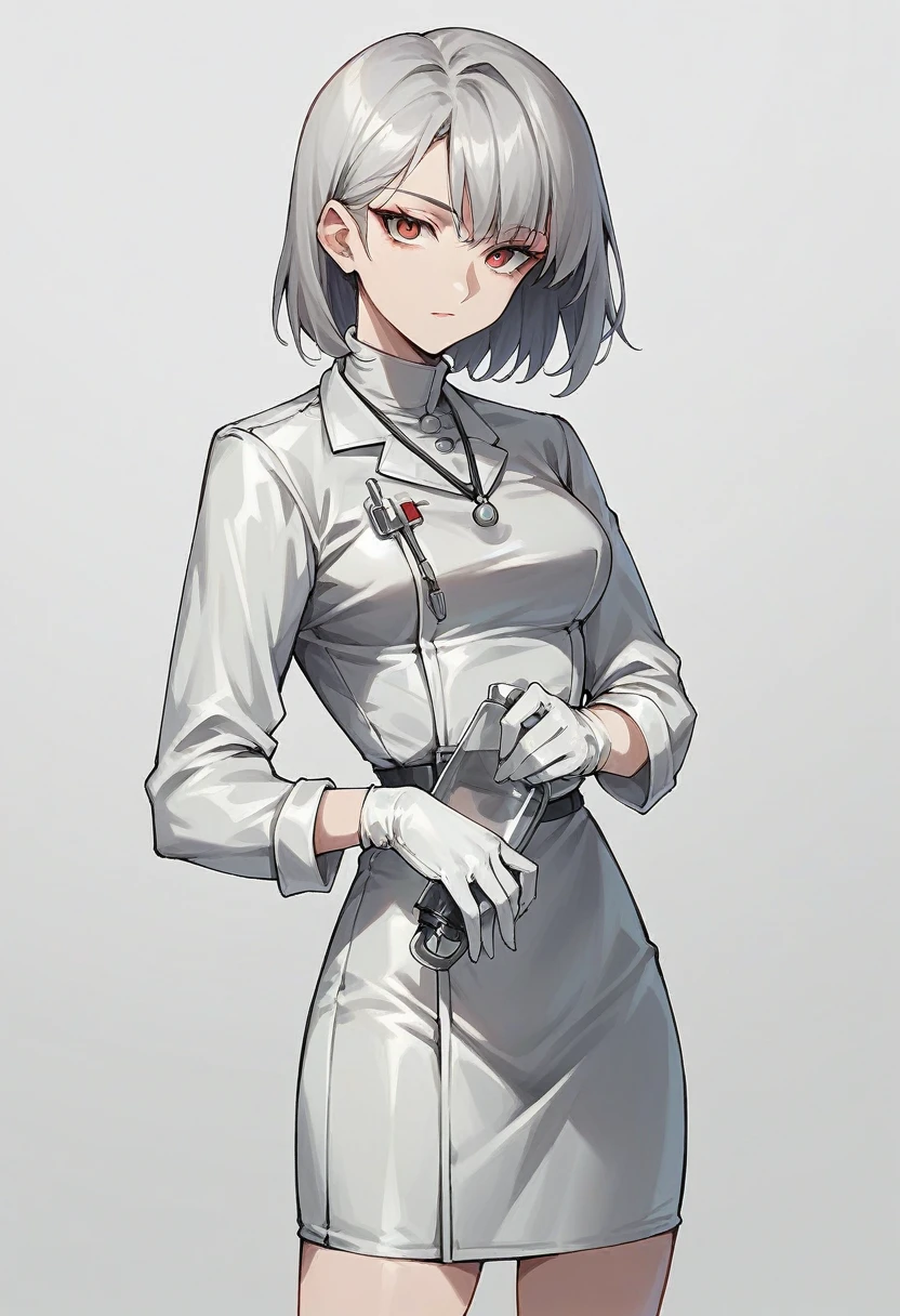 1girl, square haircut, bangs, ((white surgical gloves)), ((surgical gloves)), ((latex gloves)), ((((long sleeves)))), ((gray surgeon outfit)), looking at viewer, ((gray doctor outfit)), standing, solo