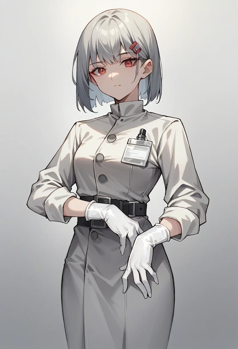 1girl, square haircut, bangs, ((white surgical gloves)), ((surgical gloves)), ((latex gloves)), ((((long sleeves)))), ((gray surgeon outfit)), looking at viewer, ((gray doctor outfit)), standing, solo