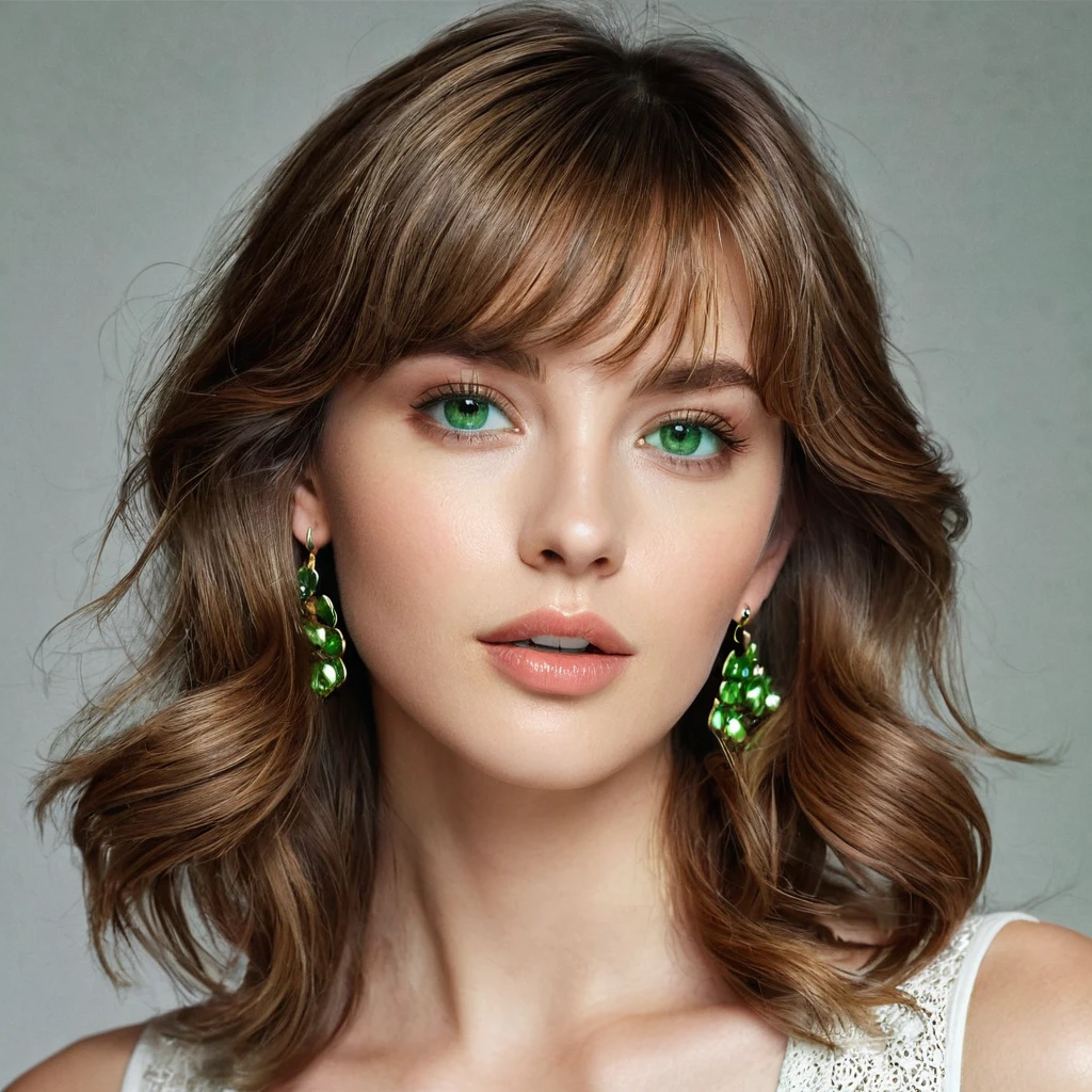 1girl, shoulder length Hair, Wavy Hair, Light Brown Hair, Brown Hair, Earrings, Parted Lips, Makeup, Green eyes, Realism, Anatomically Correct, High Resolution, trendy and classic fashion, Shiny Hair, small face, Bangs, youthful