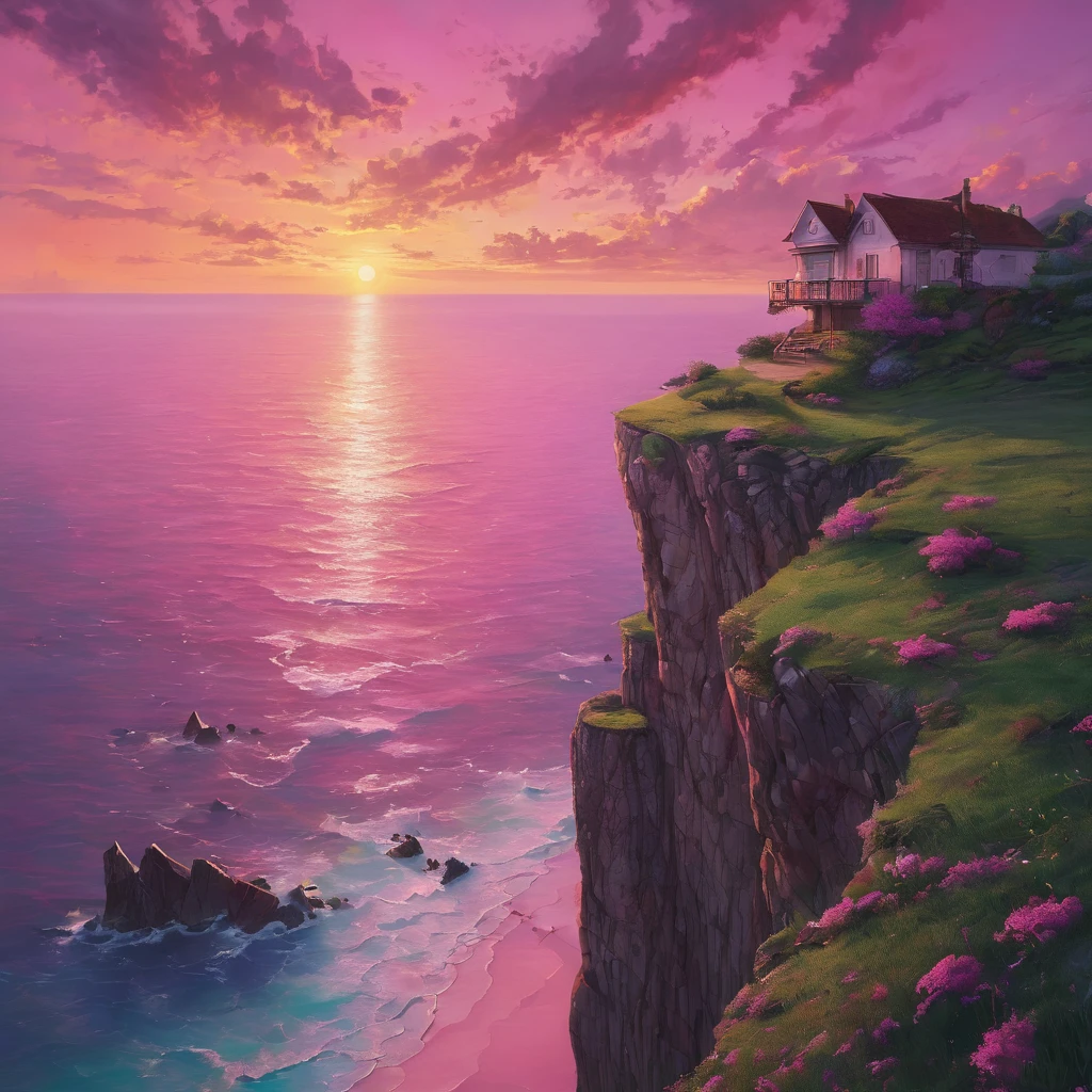 View upon a cliff and the beautiful pink sunset, gorgeous, (Sunset:1.2), ultra detailed, intricate, (surrealism:1.1), (disturbing:1.1),