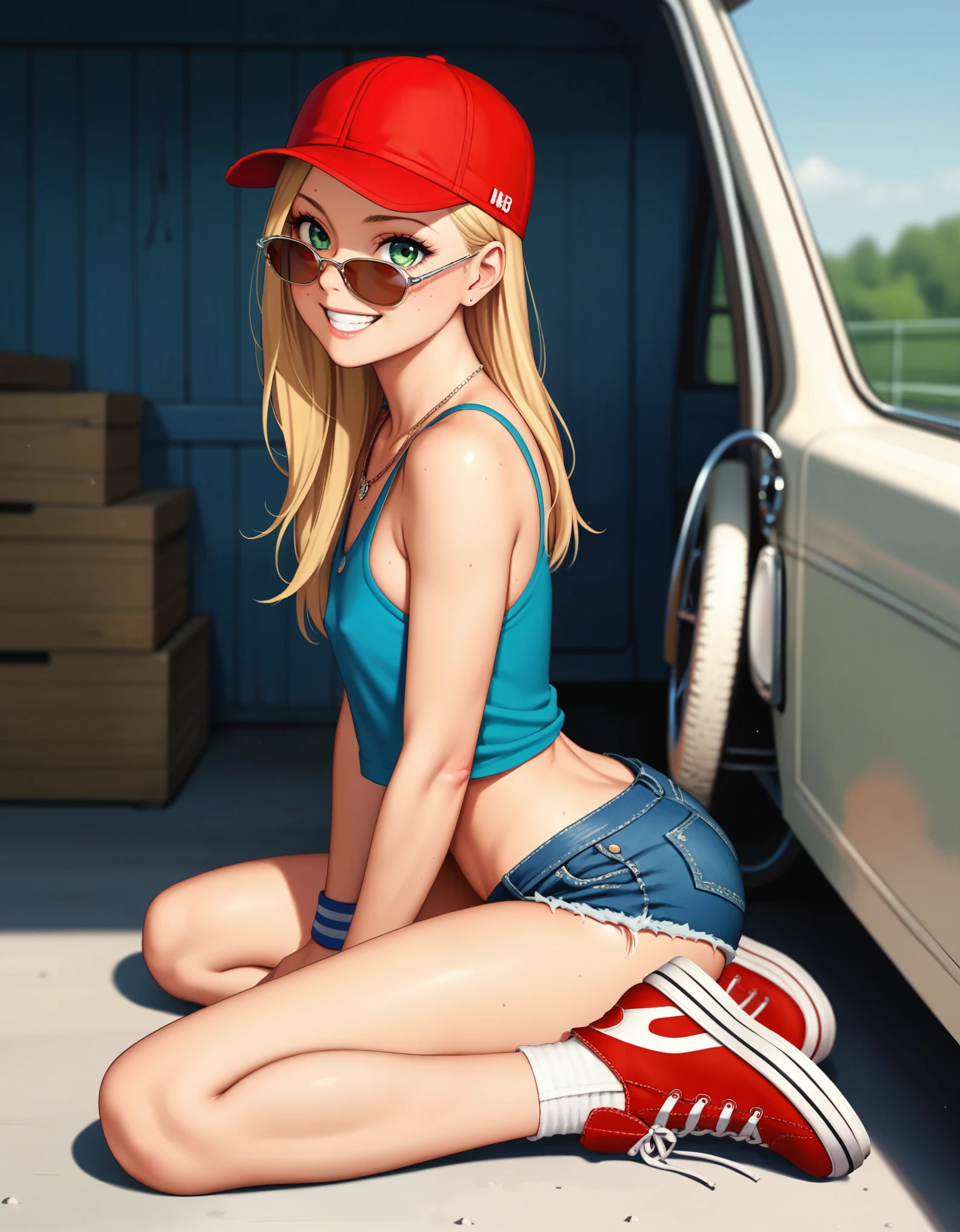 childish, sassy, ​​skinny, freckled, blonde girl, green eyes, flat chest, pert butt, red cap, sunglasses, thick necklace, wristband, blue tank top, micro denim shorts, red sneakers, cheeky smile, sitting in the passenger seat, in the cabin of a truck, ecchi anime, Takei Hiroyuki style, cinematic, dramatic, POV, dynamic view, full body,