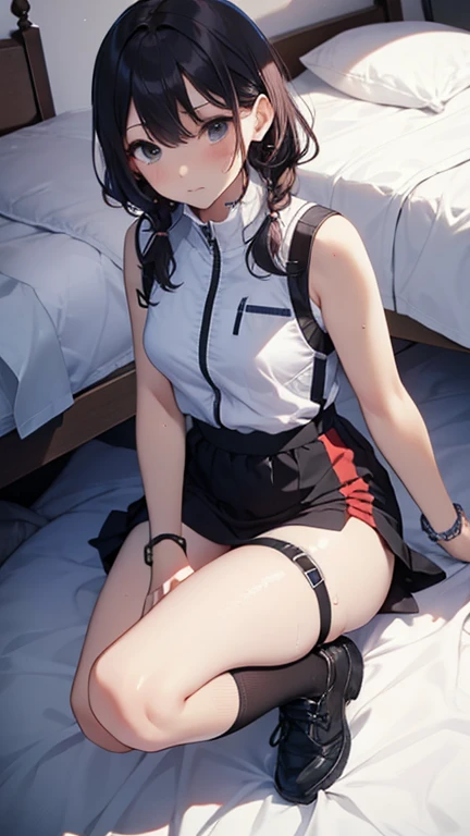 (Highest quality), (masterpiece), 1080P, High resolution, 4K, 8k, Thigh straps, Shooting from directly below, The woman on top of me, Nipples, 白いSweat, Covered , Sweat, Woman looking down, Micro Bikini, Skirt swimsuit, Thigh-high socks, To achieve this, , Small breasts, whole body, Black leather shoes, Braided hair, Inner Color, Embarrassed face, Short black hair, bracelet, Bedroom,celestial body_Vest
