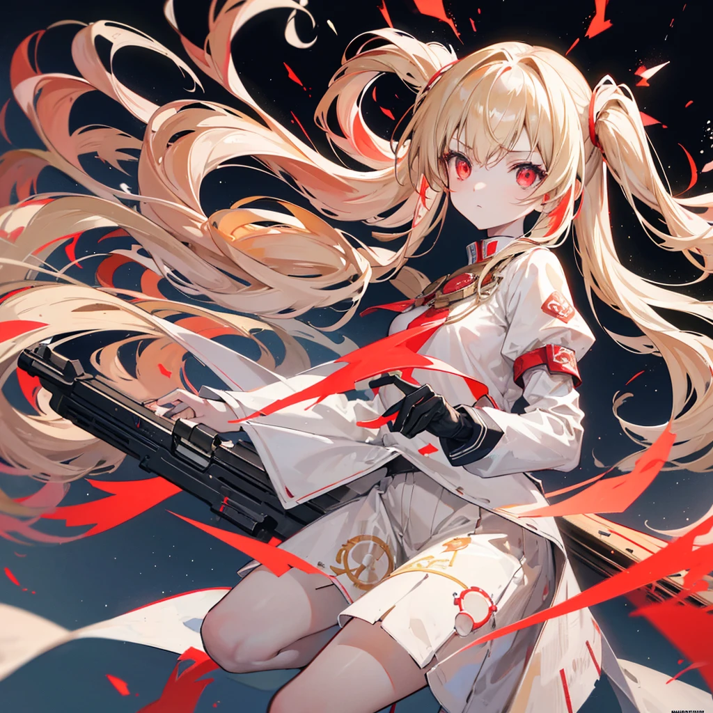 High resolution, One girl, solo, Long Hair, Twin tails,Red eyes,Beige hair,
Highest quality, masterpiece, High-resolution model, Long Hair, Shiny Hair, Sparkling eyes, Lonely, Expressionless,Simple Background, flame, fluorescence, Illustration, APEX,gun,ruins,