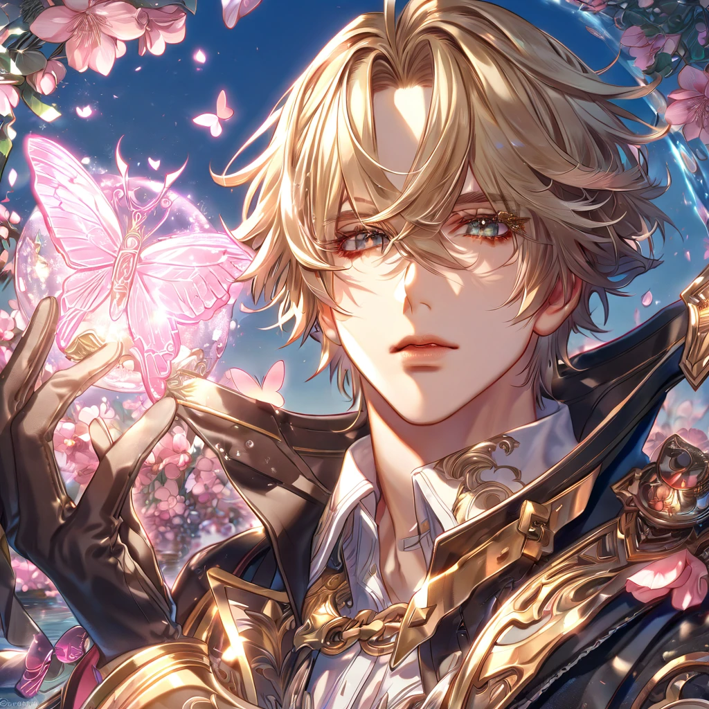 absurdres, highres, ultra detailed, HDR, master piece, best quality, extremely detailed face, delicated features, Julius Visconti, ash-blonde messy hair, short hair, hair that has bangs hanging on the left side, hair between the eyes, God Eater 2, solo,  man, handsome, a black collar with gold buckle, black coat, with gold accents, white shirt, black gloves, water, blossoms, pink flowers, pink butterflies, fantasy, magic, radiant