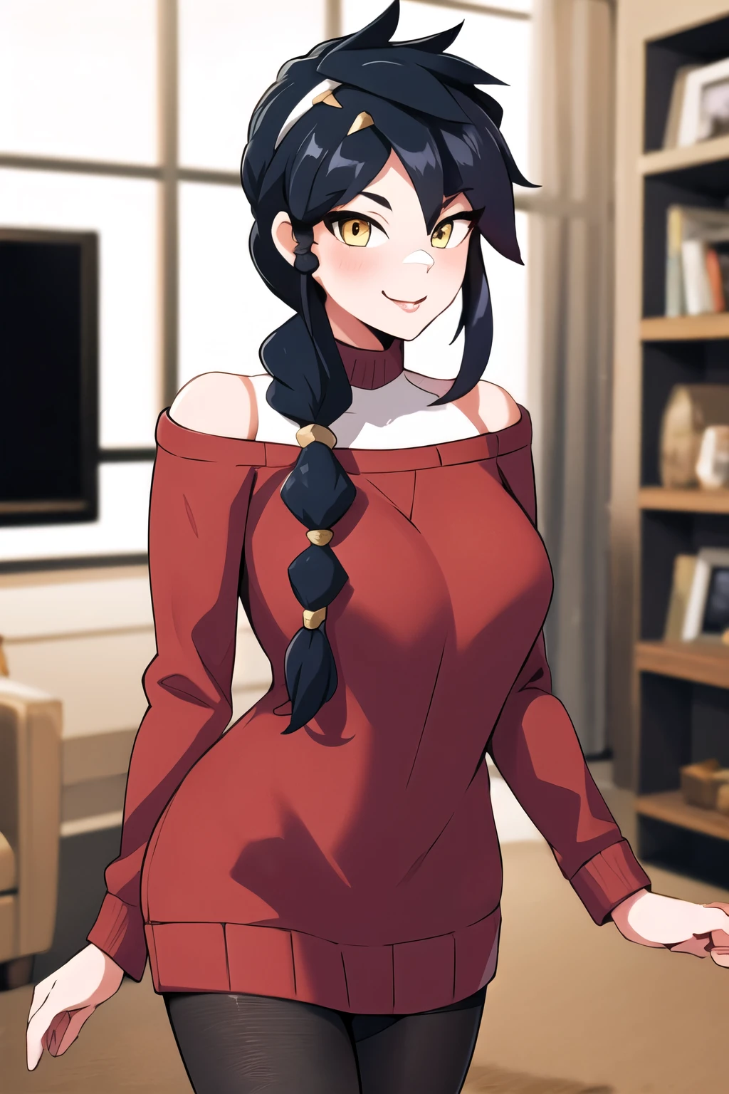 (masterpiece), (best quality), (beautiful eyes and face), (perfect female body), (shiny skin),
looking at viewer, cowboy shot, cute, 
1girl, solo, long braids, black spiked hair, long  messy hair, glowing yellow eyes, cat woman,
Cute breasts,
white hairband, gold earrings, jewelry, sweater dress, red sweater, off shoulder, long sleeves, black pantyhose,
smile,
standing,
living room,