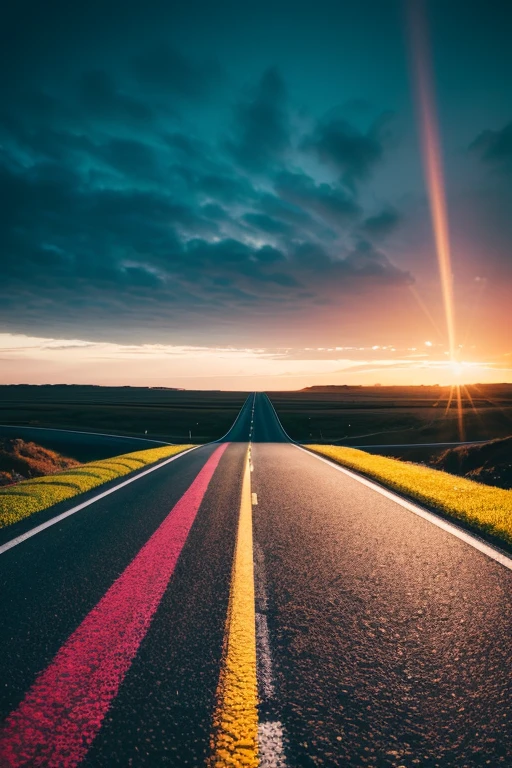 A road made up of a variety of colorful and healthy foods, such as fruits, vegetables and grains, that leads the eye to a point of light on the horizon, symbolizing the inner and outer glow that good food can provide, Minimalism, cinematic lighting, motion blur, silhouette, motion lines, three sided view, blurry foreground, UHD