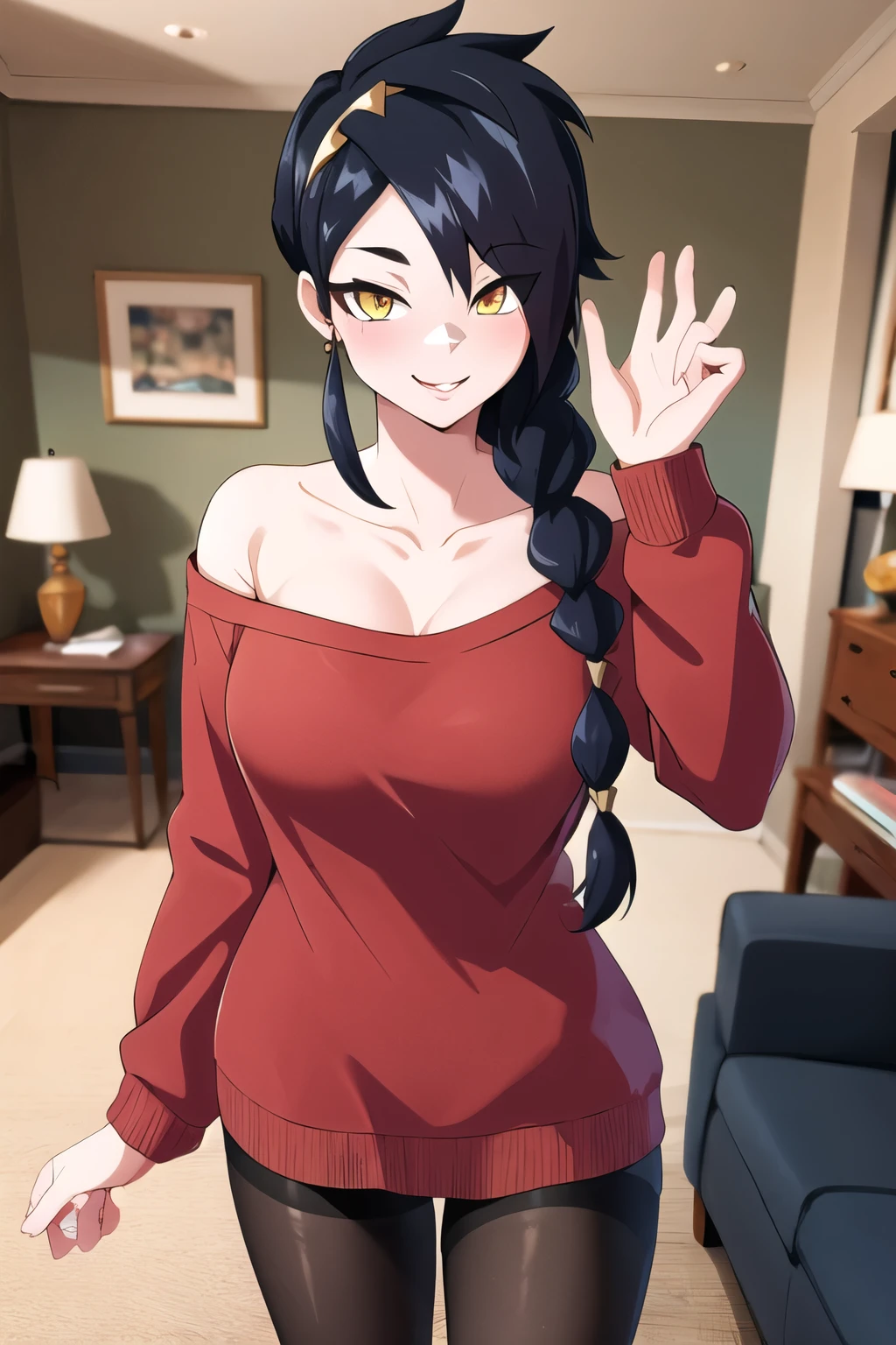 (masterpiece), (best quality), (beautiful eyes and face), (perfect female body), (shiny skin),
looking at viewer, cowboy shot, cute, 
1girl, solo, long braids, black spiked hair, long  messy hair, glowing yellow eyes, cat woman,
Cute breasts,
white hairband, gold earrings, jewelry, sweater dress, red sweater, off shoulder, long sleeves, black pantyhose,
smile,
standing,
living room,